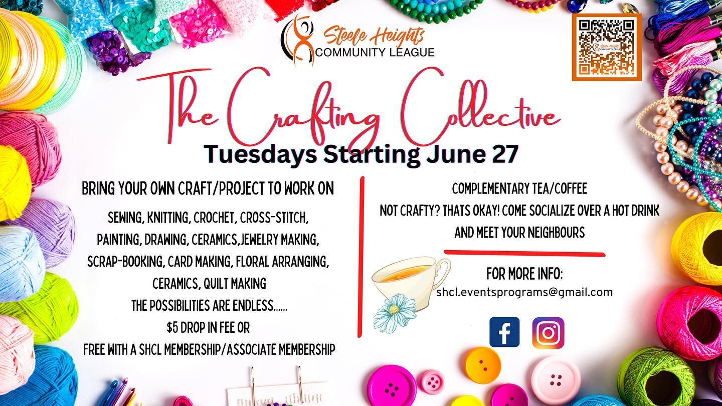 MARK YOUR CALENDARS!! JUNE 27th. Join us Tuesdays morning for a relaxing time of crafting and socialization. Bring your own craft to work on or just come for a cup of tea/coffee.
 
SHCL.eventsprograms@gmail.com