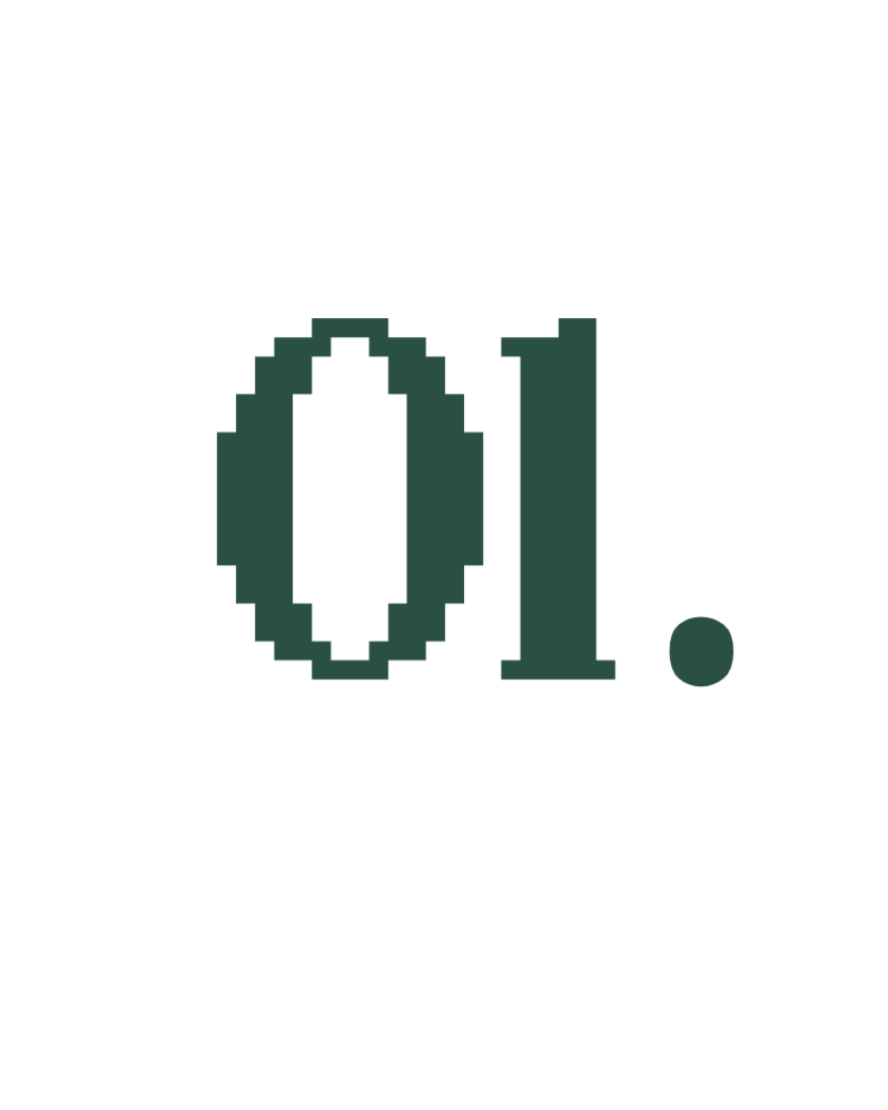 Pixelated black background with text '01.' in pixel art style.