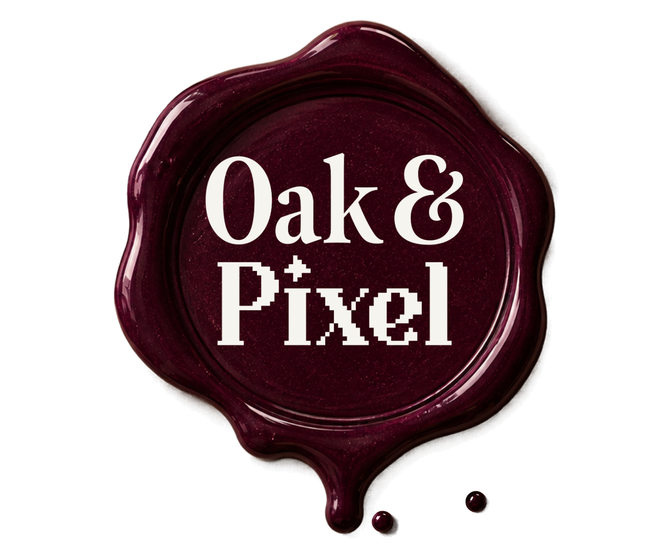 Wax seal sticker with the text "Oak & Pixel" in white letters on a dark red background