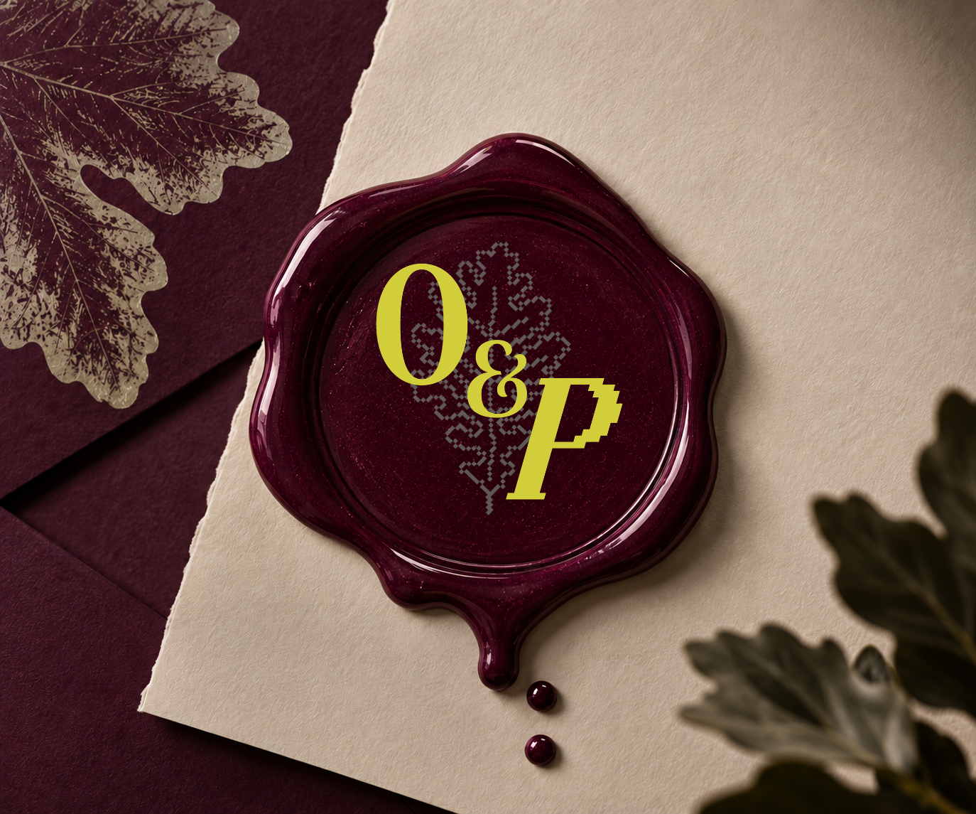 A burgundy wax seal with the words 'O&P' in yellow letters, with a digital snowflake pattern inside the seal, placed on beige paper, with dark red and beige papers and dried leaves around it.
