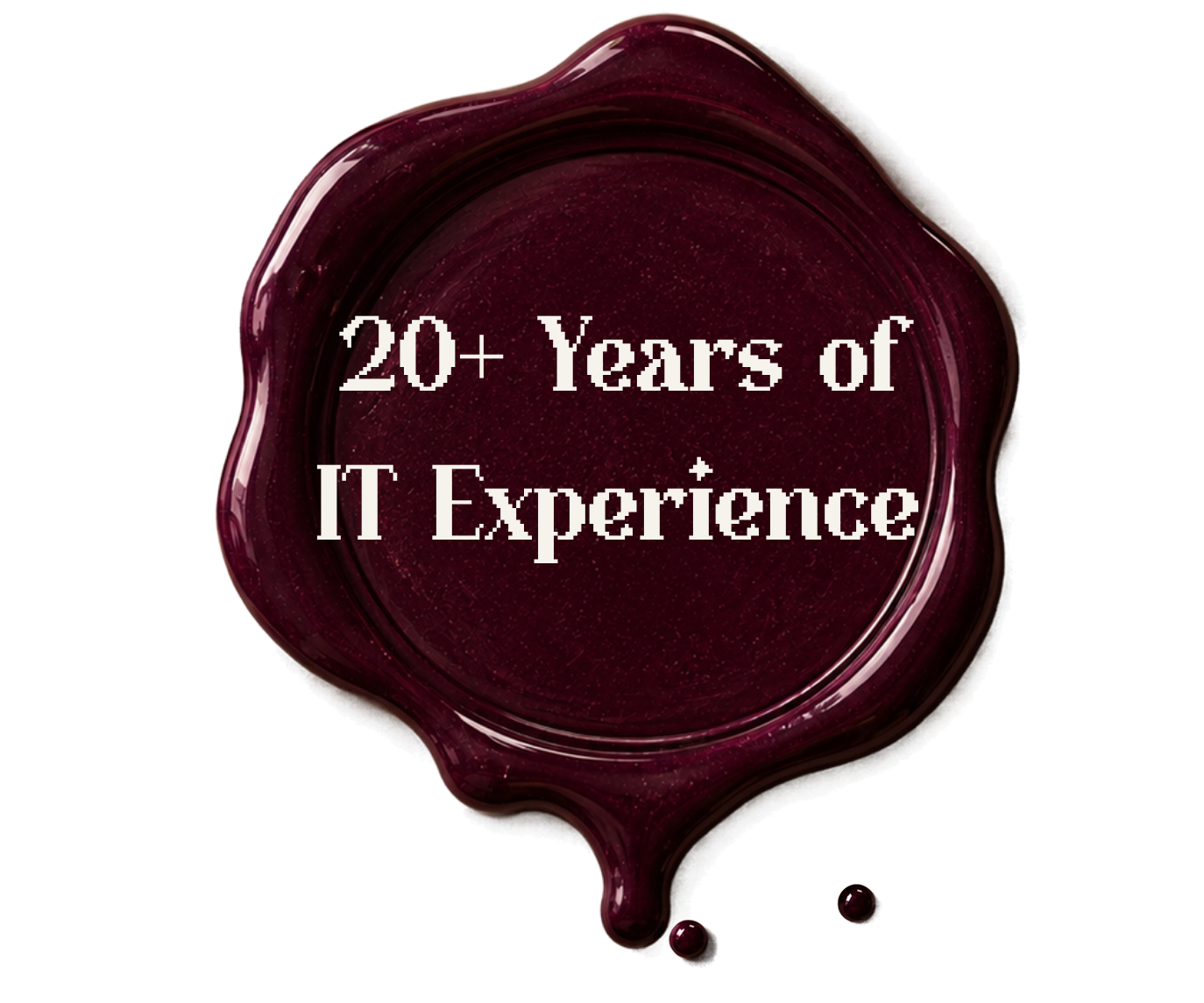 A dark red wax seal with the text "20+ Years of IT Experience" overlaid in white.