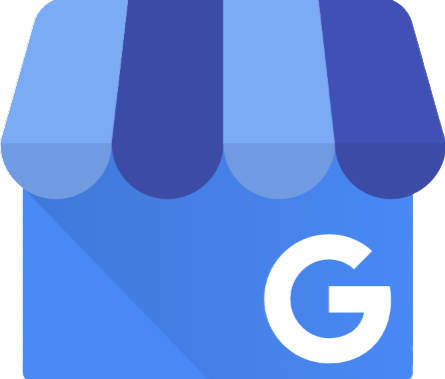 Google logo with a blue storefront awning.
