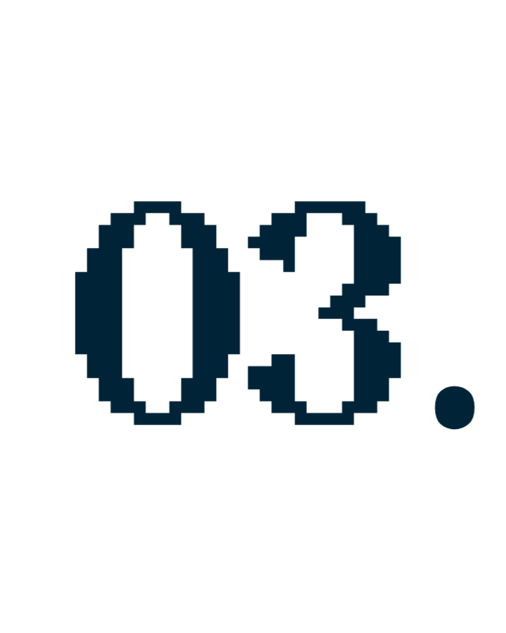Pixelated digital display showing '03' in blue on a black background.