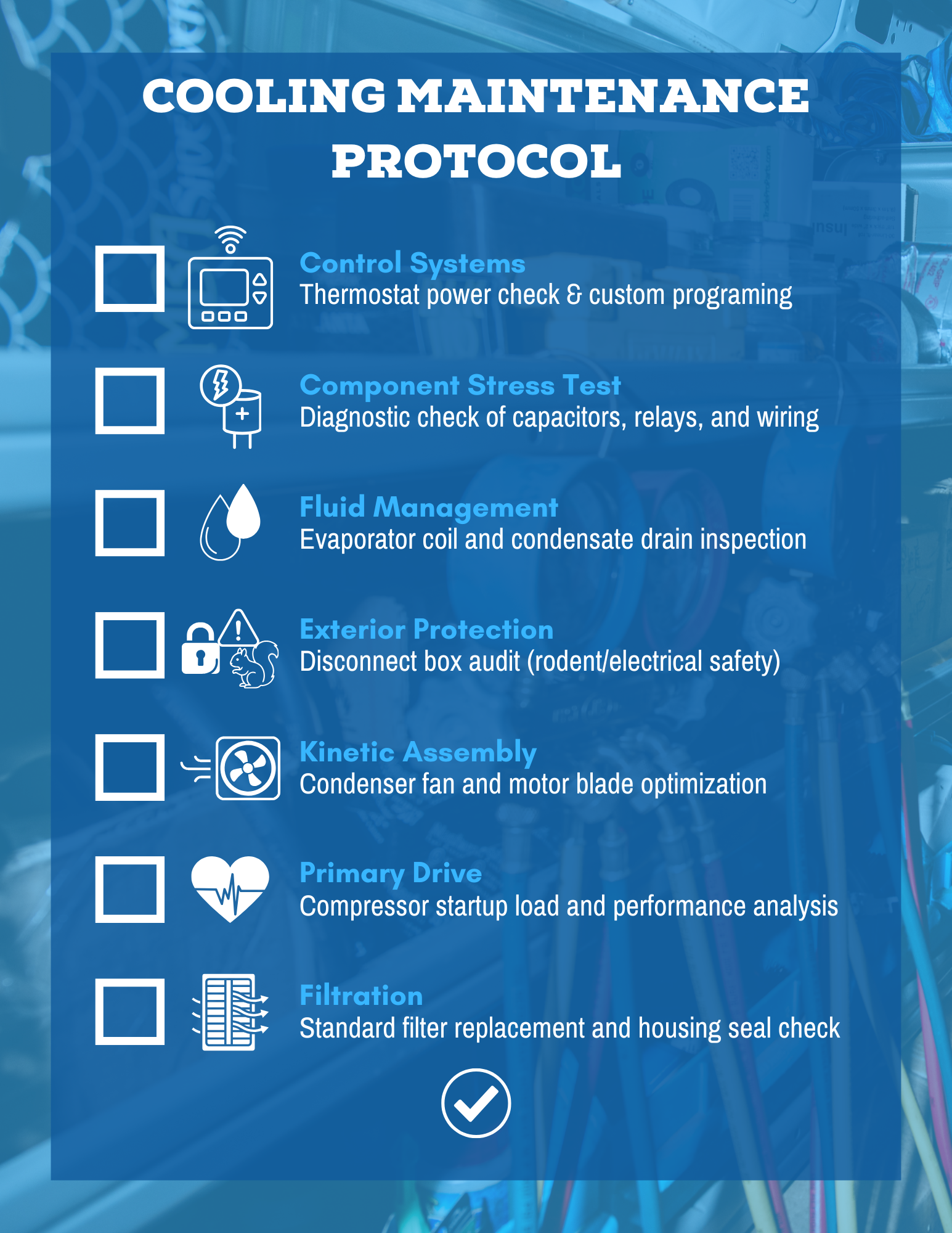 An infographic checklist detailing a seven-step cooling system maintenance protocol.