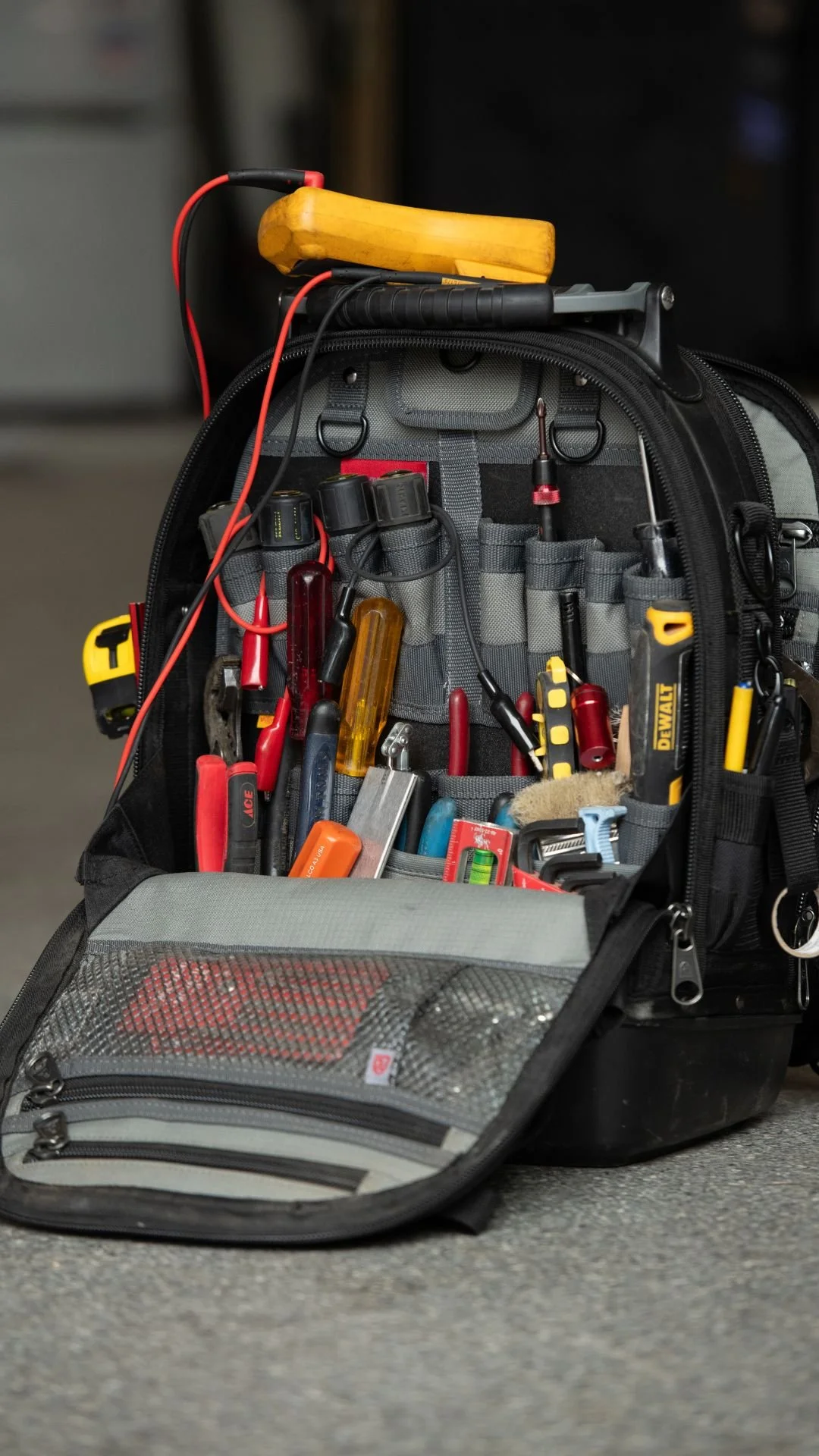 A professional HVAC technician’s organized tool kit prepared for a comprehensive multi-point maintenance service in Redwood City.