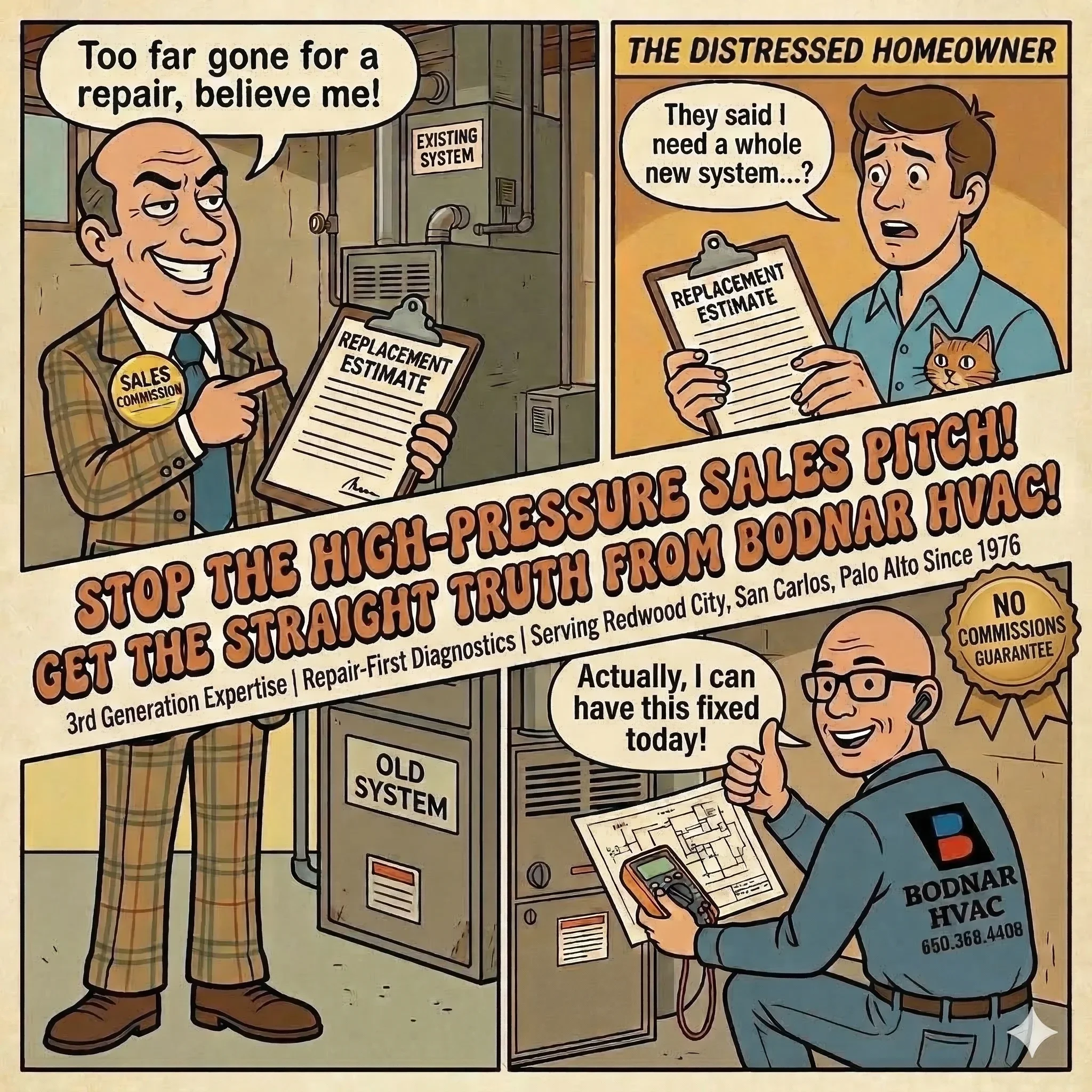 cartoon illustration of two men discussing system repairs, one man is holding a clipboard labeled 'Replacement Estimate' and the other is holding a blueprint, with a background of machinery and repair signage.