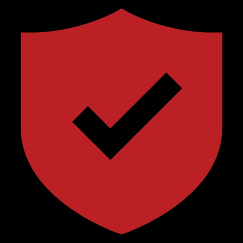 A red shield with a black outline featuring a black check mark in the center, symbolizing protection or security.