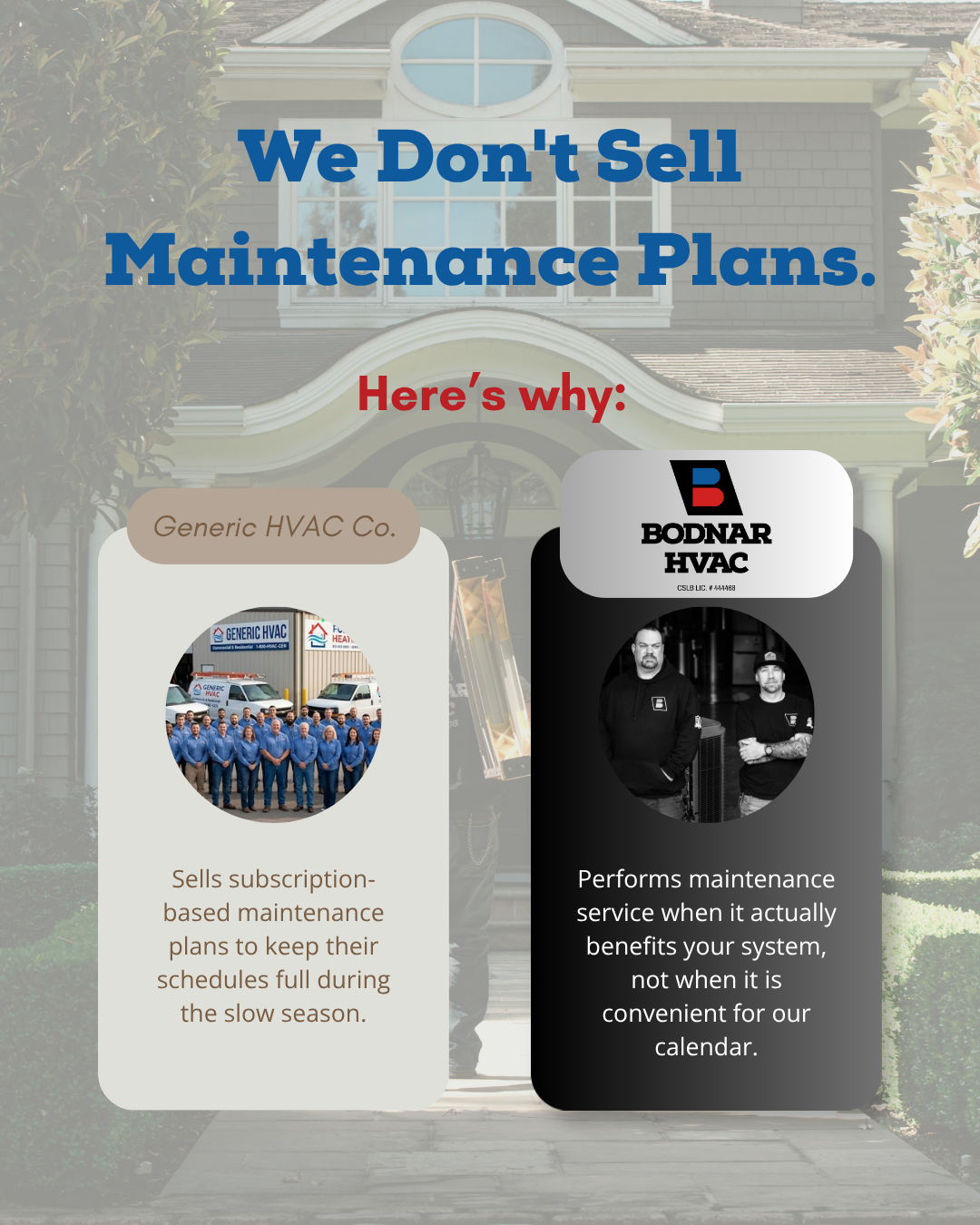 A comparison graphic explaining why Bodnar HVAC provides on-demand maintenance instead of a subscription.