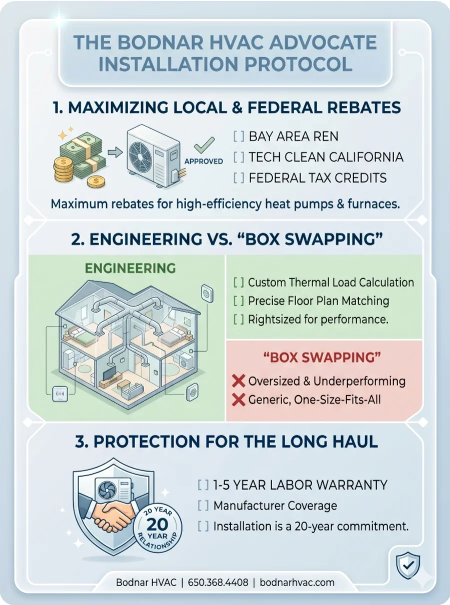 The Bodnar HVAC Advocate Installation Protocol in Redwood City, outlining Bay Area REN and TECH Clean California rebates, custom thermal load calculations, and long-term labor warranties for high-efficiency heat pumps.