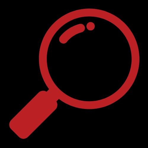 Red magnifying glass icon on a black background.