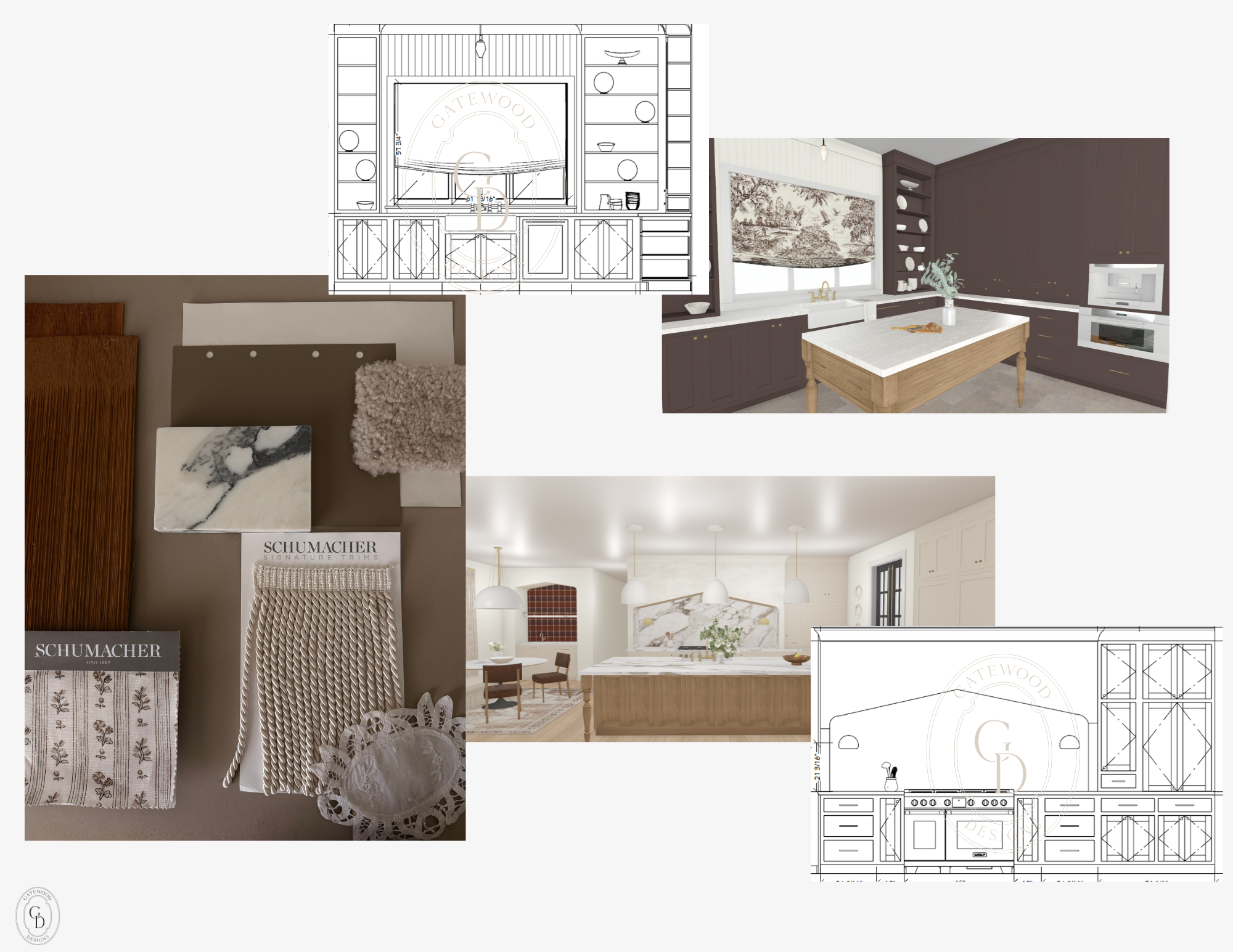 A design collage including kitchen cabinets with a wood island, interior paint samples, and architectural blueprints for a kitchen and living space.