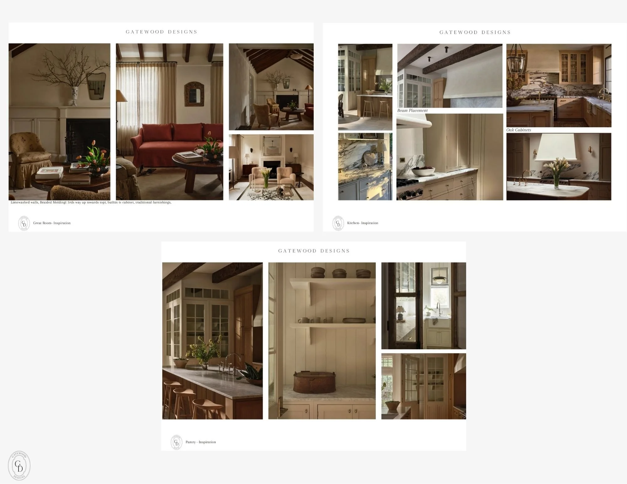 A collage of interior design images including a living room, kitchen, and pantry with traditional furnishings, built-in cabinets, marble countertops, oak cabinets, and window views.