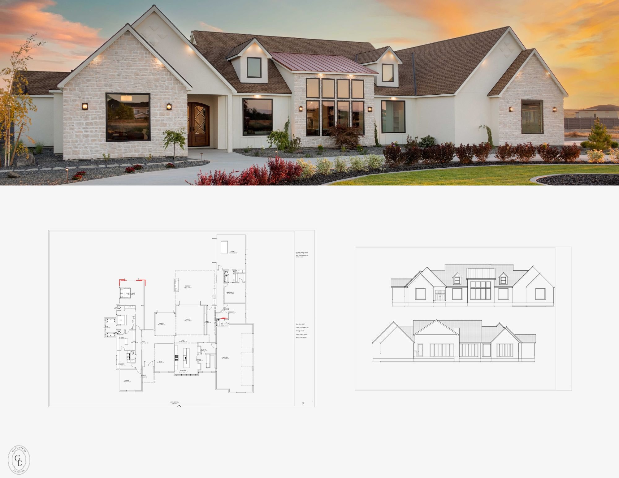 A modern residential house with white brick and siding exterior, multiple gabled roofs, large windows, and landscaped front yard during sunset.