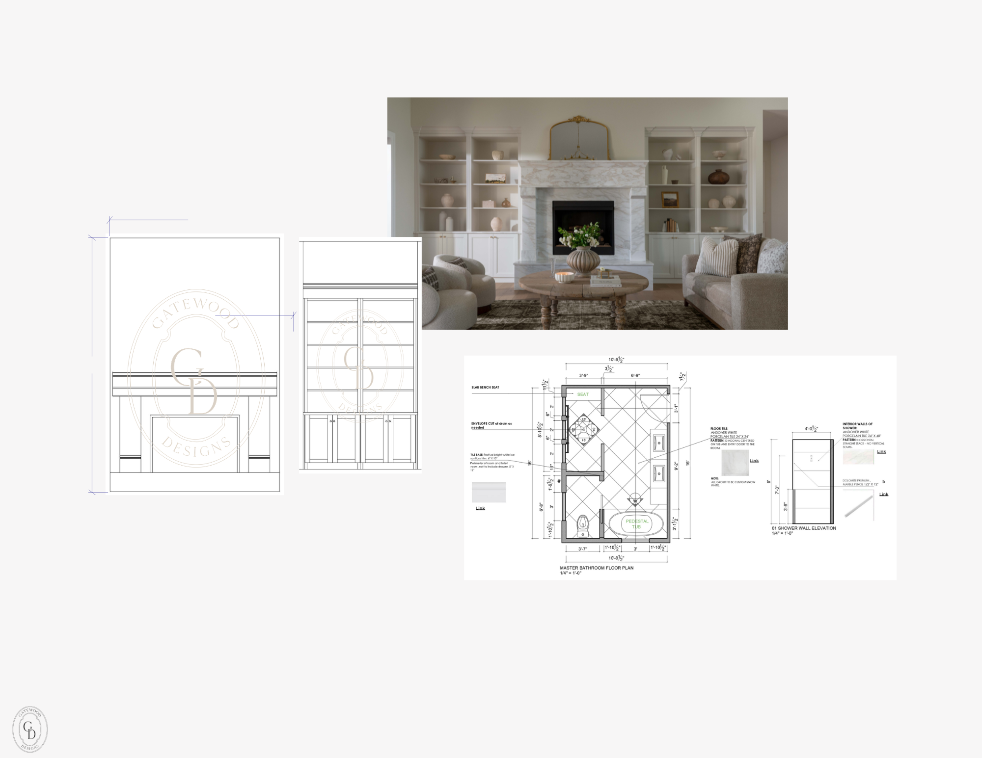 Interior design blueprint with a living room photo above it, featuring a fireplace, bookshelf, and seating area.