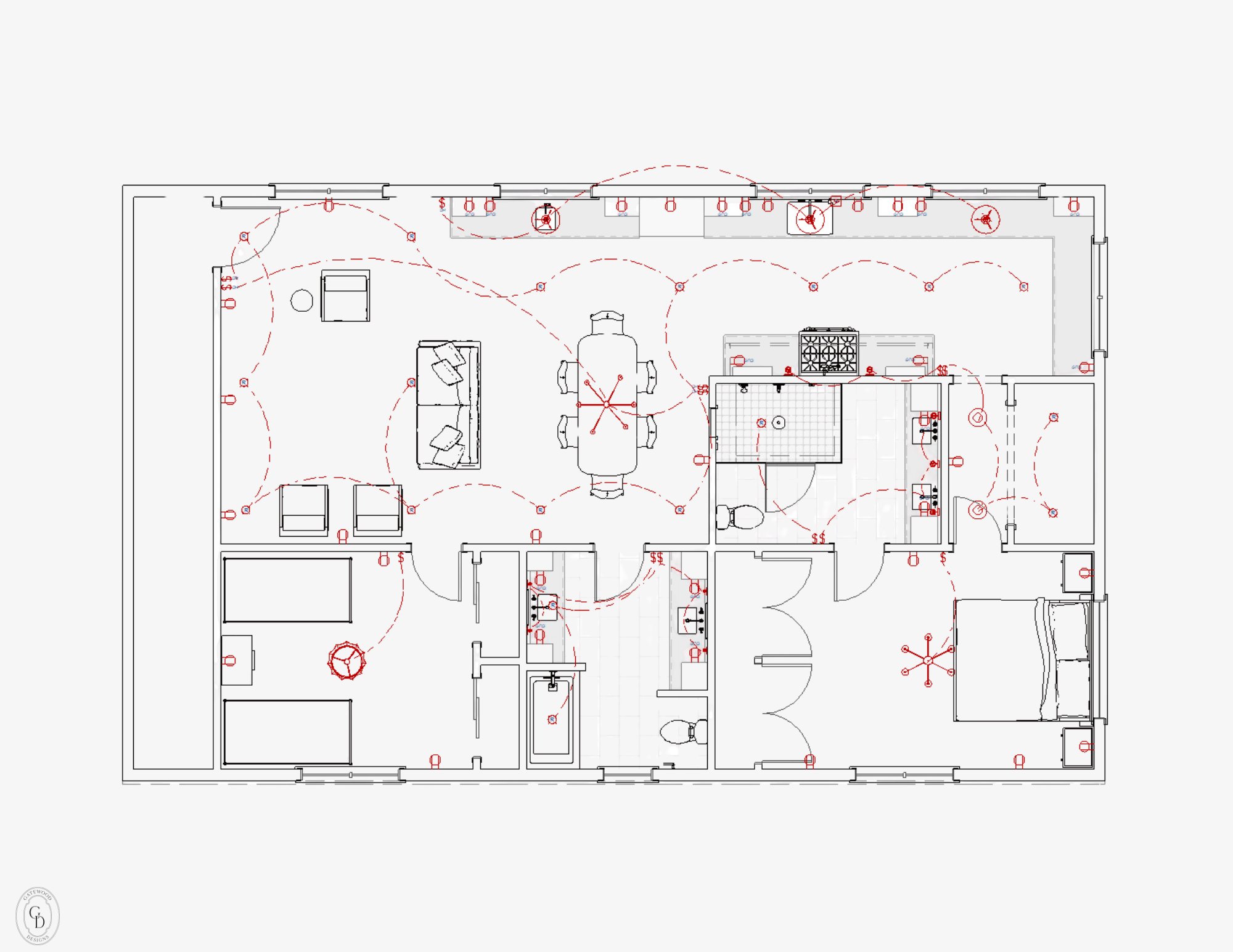 Floor plan of a building interior showing rooms, furniture, and electrical wiring.