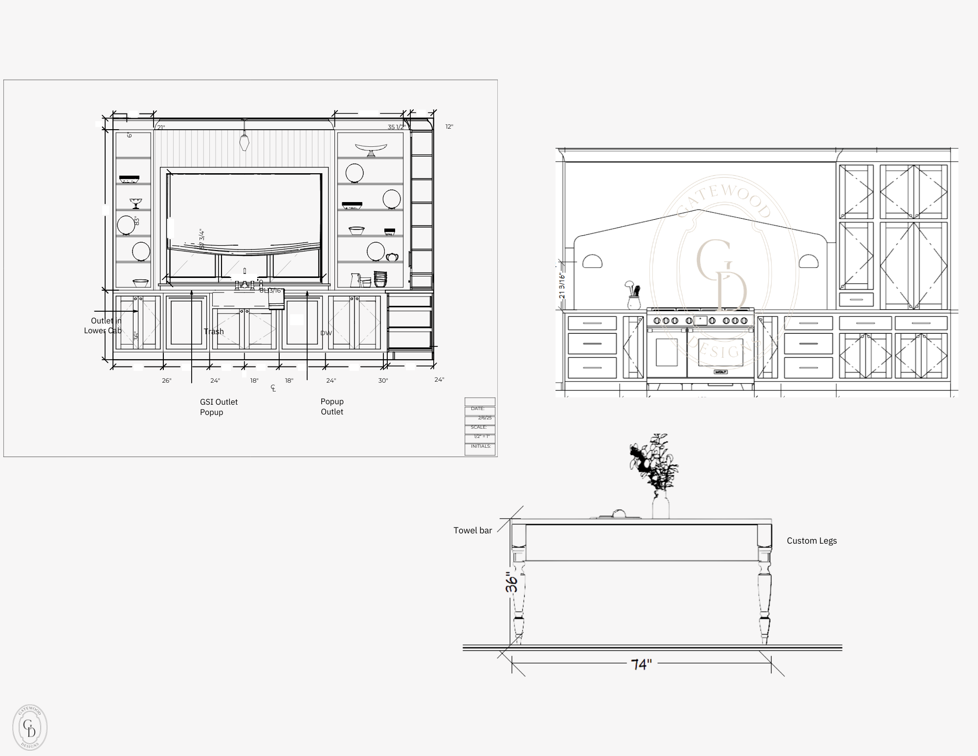 Architectural blueprint of a kitchen design featuring cabinets, a sink, a stove, shelving, a towel bar, and custom furniture details.