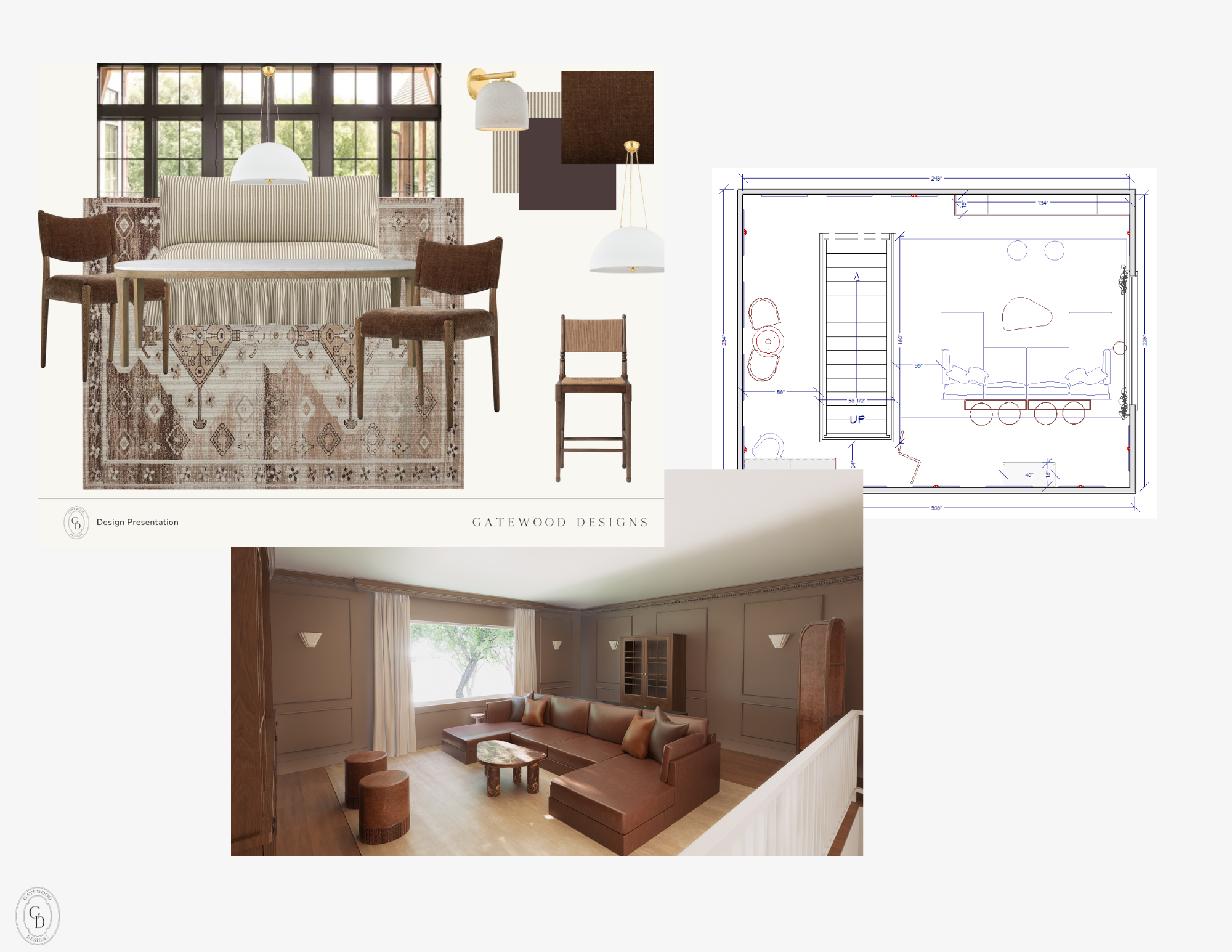 Design presentation with a cozy living room interior, beige sectional sofa, round coffee tables, and large window with drapes.