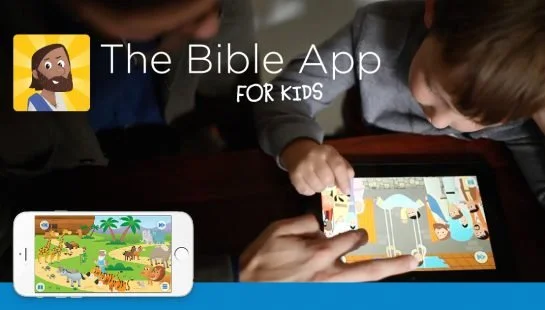 Children using tablets with Bible-themed educational apps