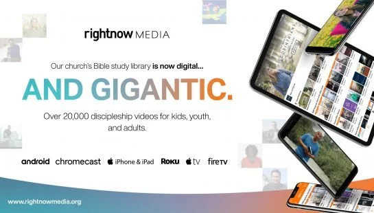 Announcement for rightnow MEDIA offering digital church Bible study content, featuring phones and tablets displaying various videos, with a white background and organizational logos.