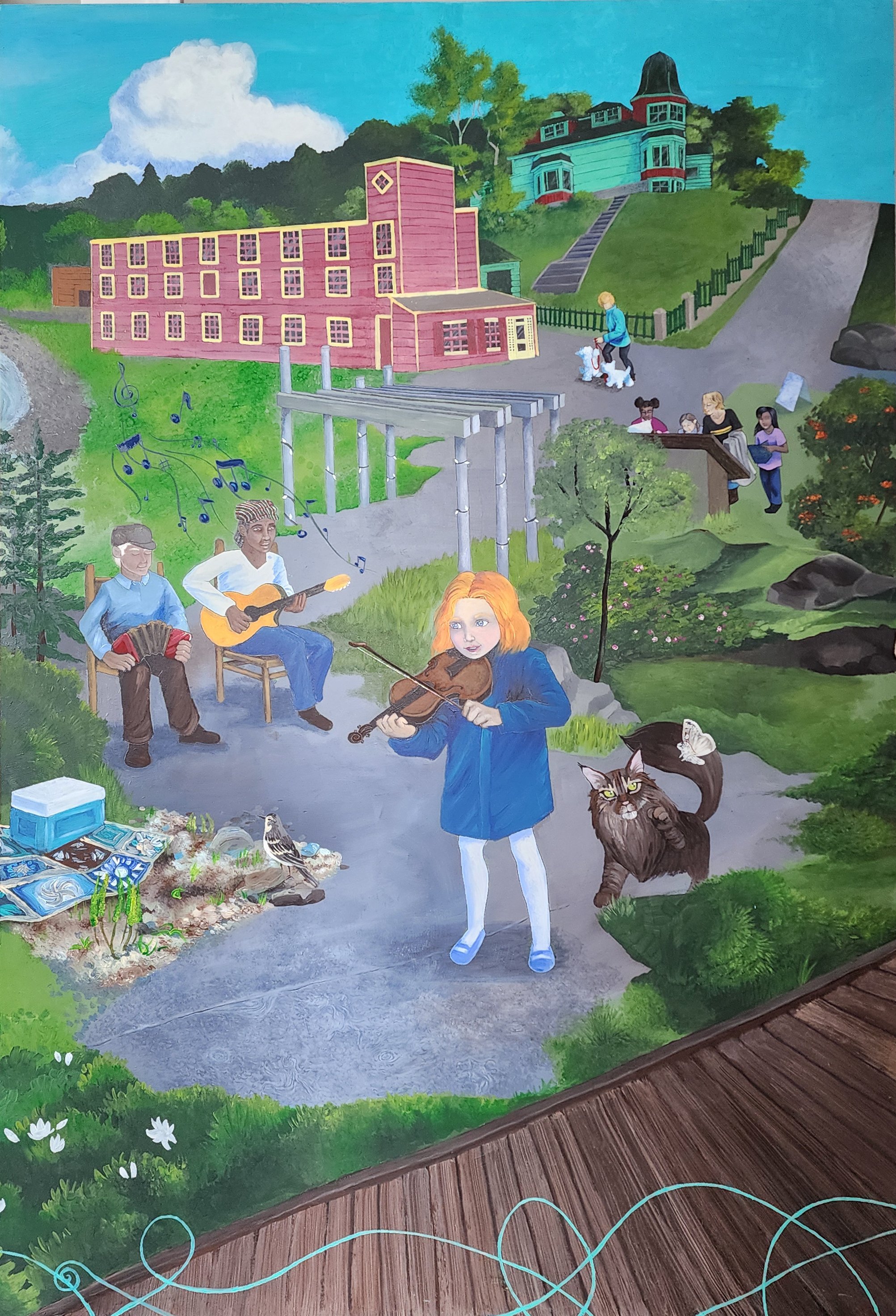 A colourful panel from a mural showing a child playing fiddle next to a cat while musicians play a guitar and accordion behind her. Int the background people stand near a large red building.