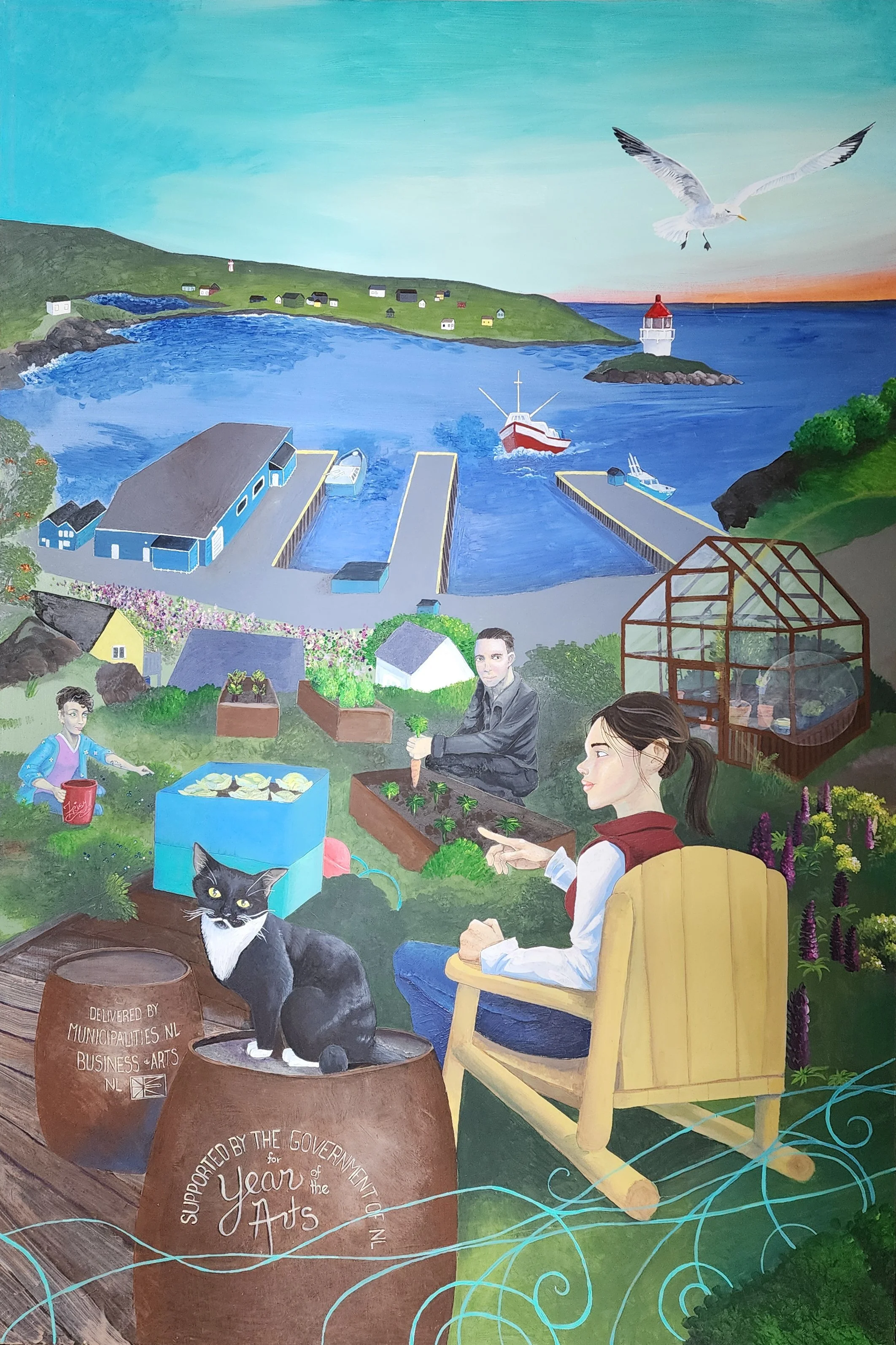 A detail of a mural panel showing a person sitting in a chair above a fish plant while people forage around a greenhouse nearby. There's a boat with a seagull flying overhead in the background.