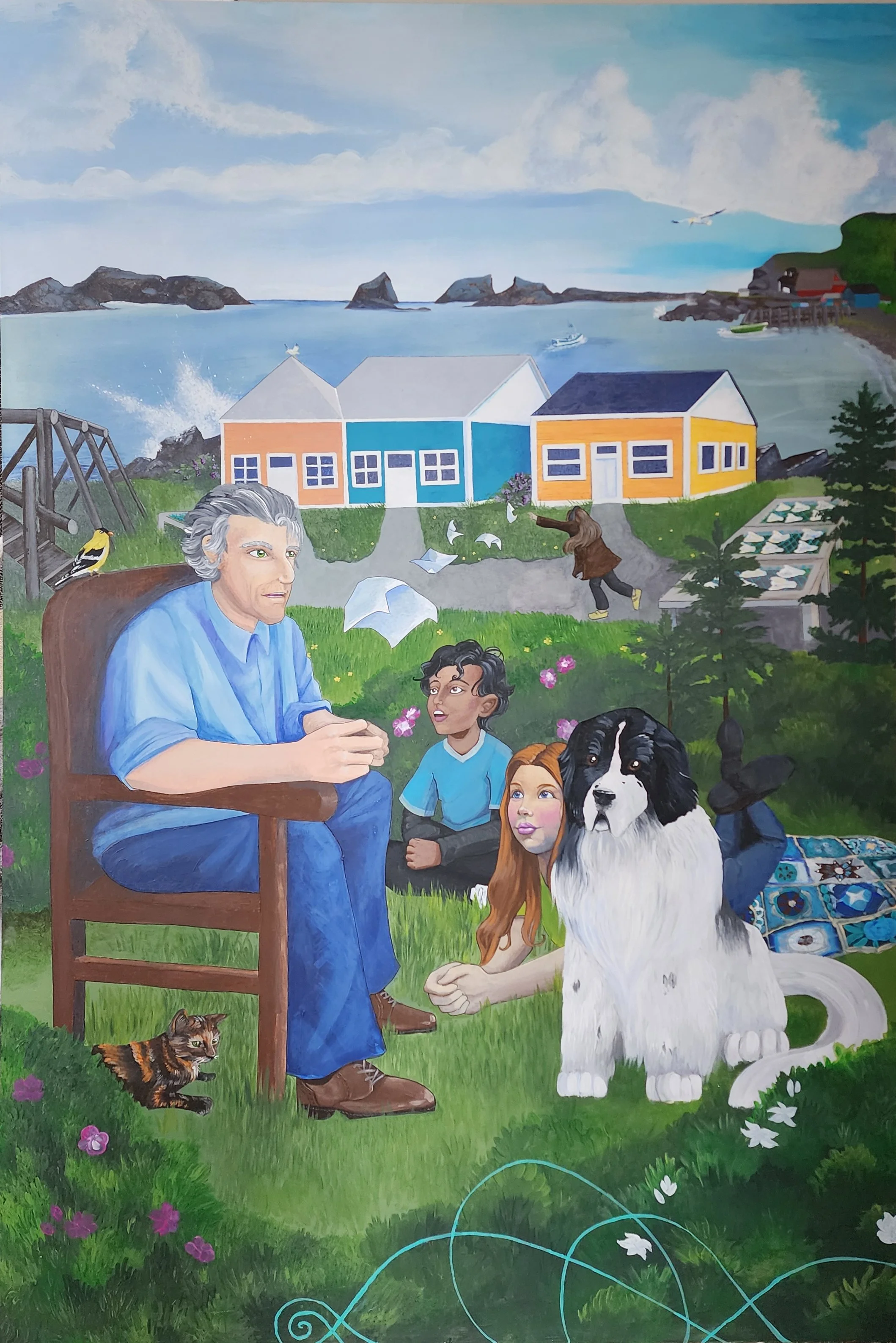 A panel of a colourful mural showing a two children sitting in the grass with a dog, listening to a man sitting in a chair. Colourful houses sit along the coastline in the background while salted fish sit on a flake.