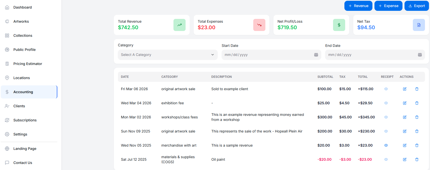 A screenshot of a platform that helps visual artists organize their work. Revenue, expenses and other details are shown at the top while several sample artworks and their details are shown below.