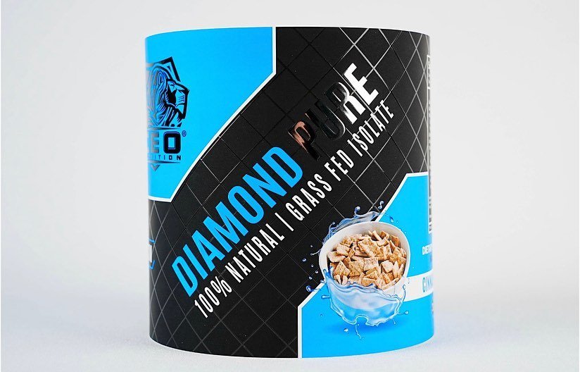 Label of Leo Nutrition's Diamond Pure, 100% Natural Grass Fed Isolate, featuring a design with cereal and milk illustrations printed with metallic foil and spot uv finishes.