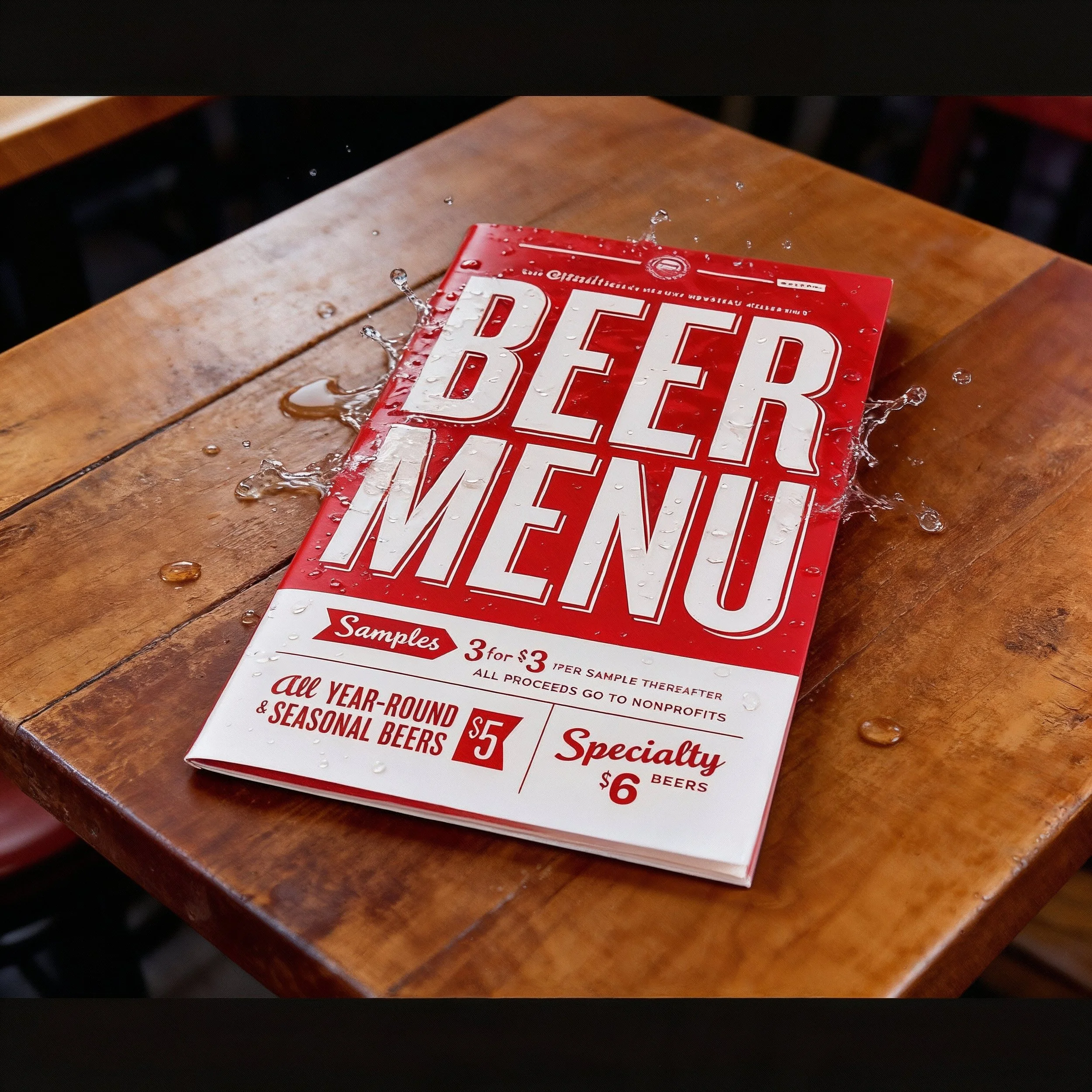 Red and white waterproof beer menu on a wooden table at a restaurant, with water droplets and splash around it.