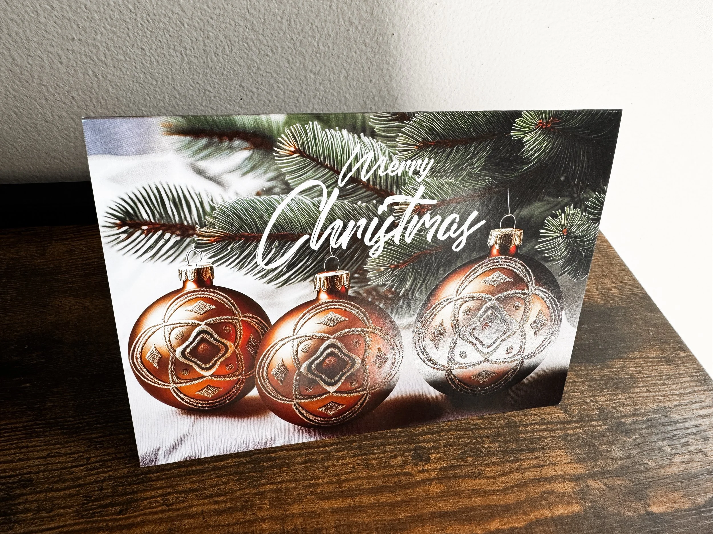 Unique Christmas Card Embellished with Glitter Raised Ink on the Ornaments