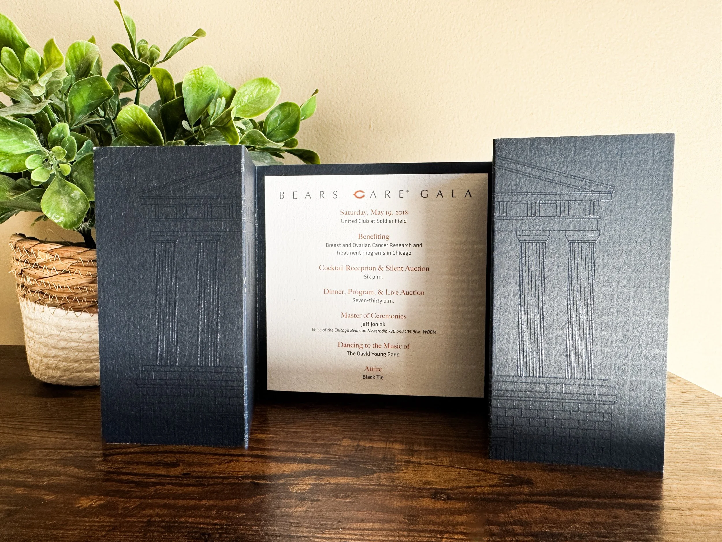 Embossed Texture and Raised Ink Printing on Chicago Bears Gala Invitation with a custom gatefold opening