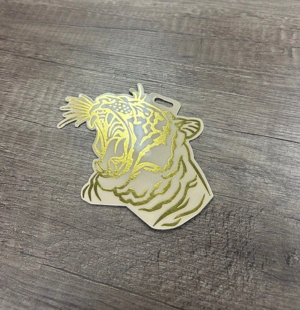 Die Cut Tag shaped like a tiger with metallic foil 
