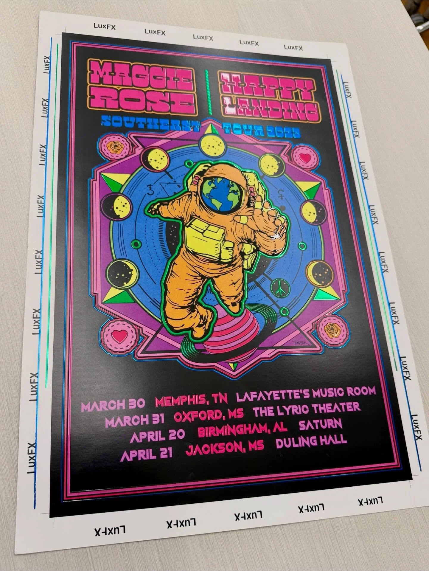 Digital Embellishments via LuxFX printing technology showcased on a Maggie Rose Concert Tour Poster with Full Color Neon colors