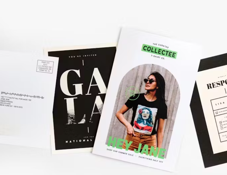 Collection of advertising flyers and a mail envelope on a white background.