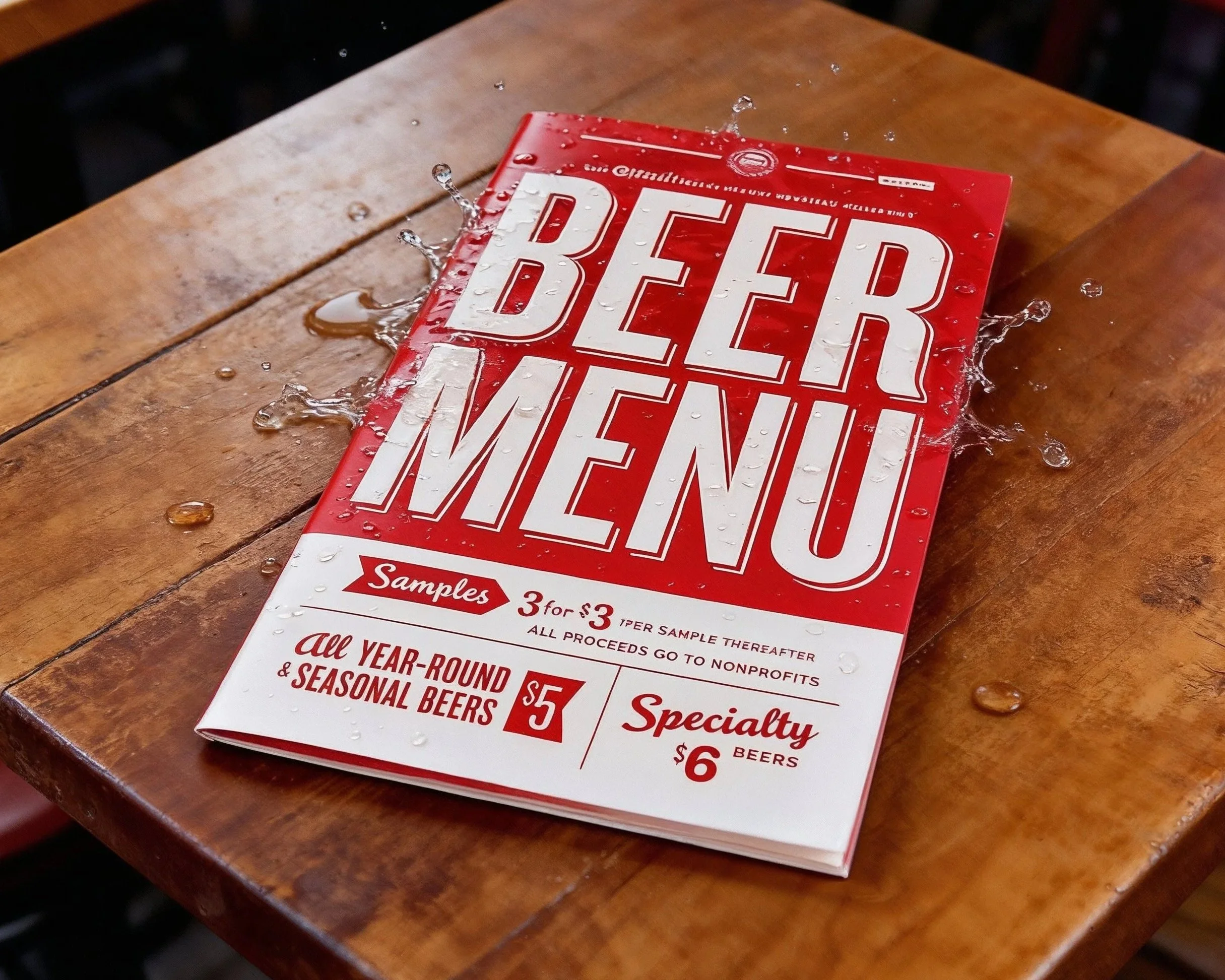 Custom Waterproof Beer Menu printed in Red and White being splashed by water