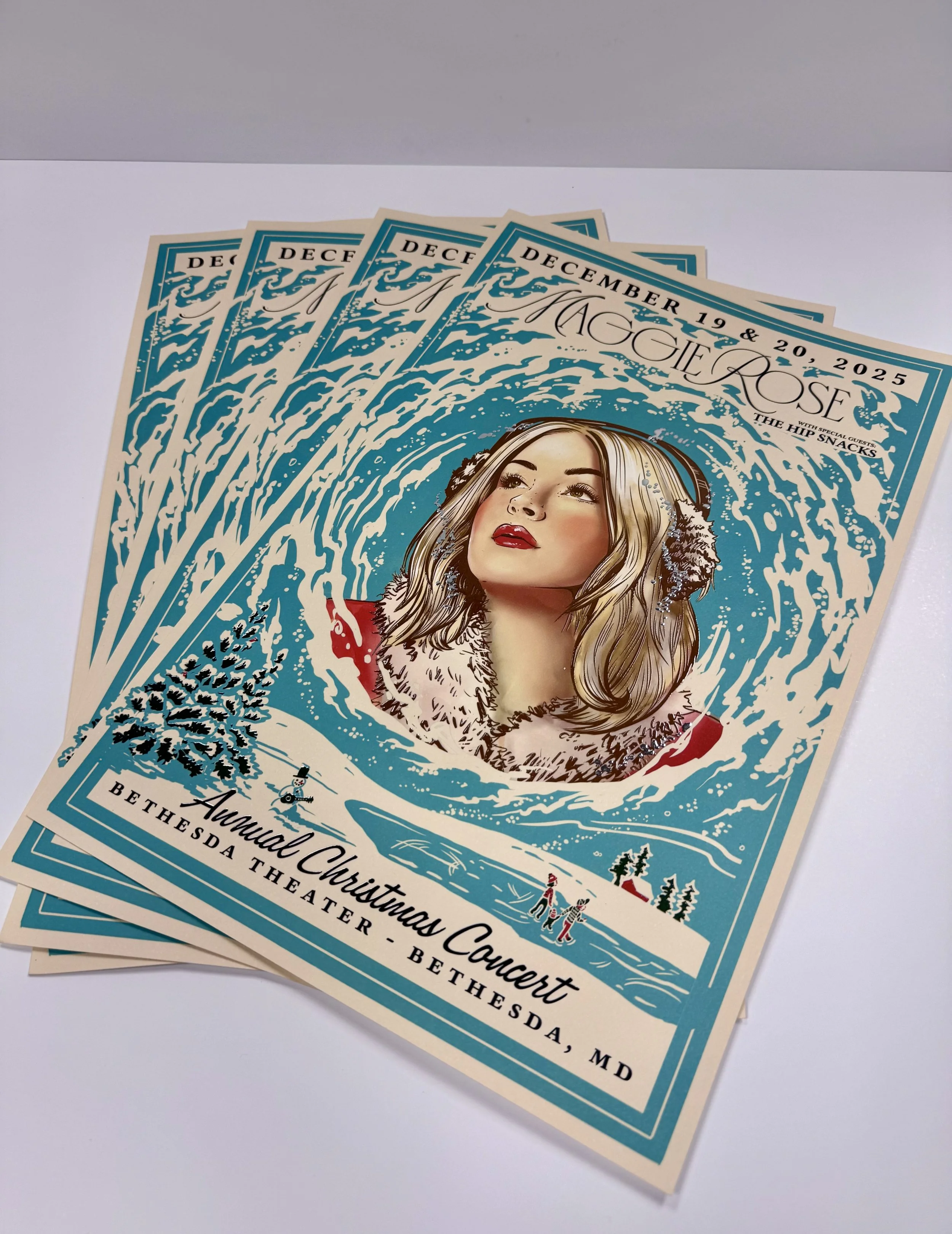 Maggie Rose Annual Christmas Concert Poster printed with special effects printing techniques, raised ink, coatings and lamination to create a layered finish.