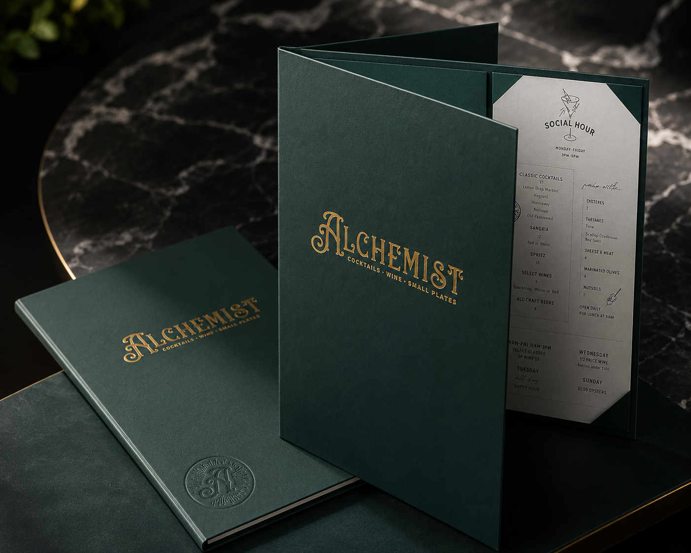 Hardcover Restaurant Menu with an embossed logo and metallic foil finishes