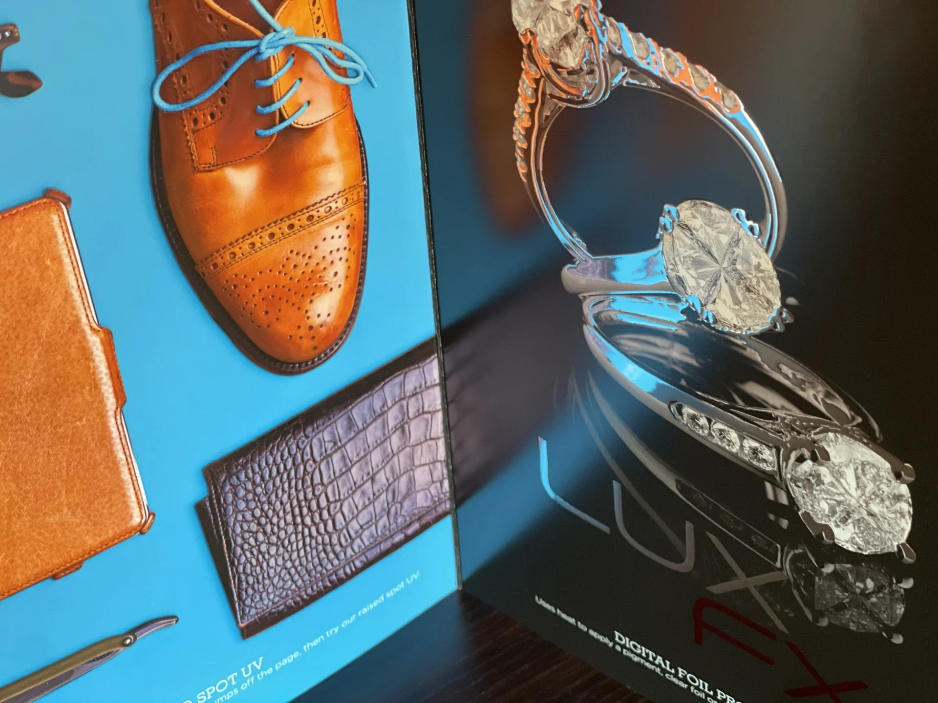 LUXfx Exclusively at TEAM Concept Printing Brochure showing a shoe and jewelry that appears to pop-off the page