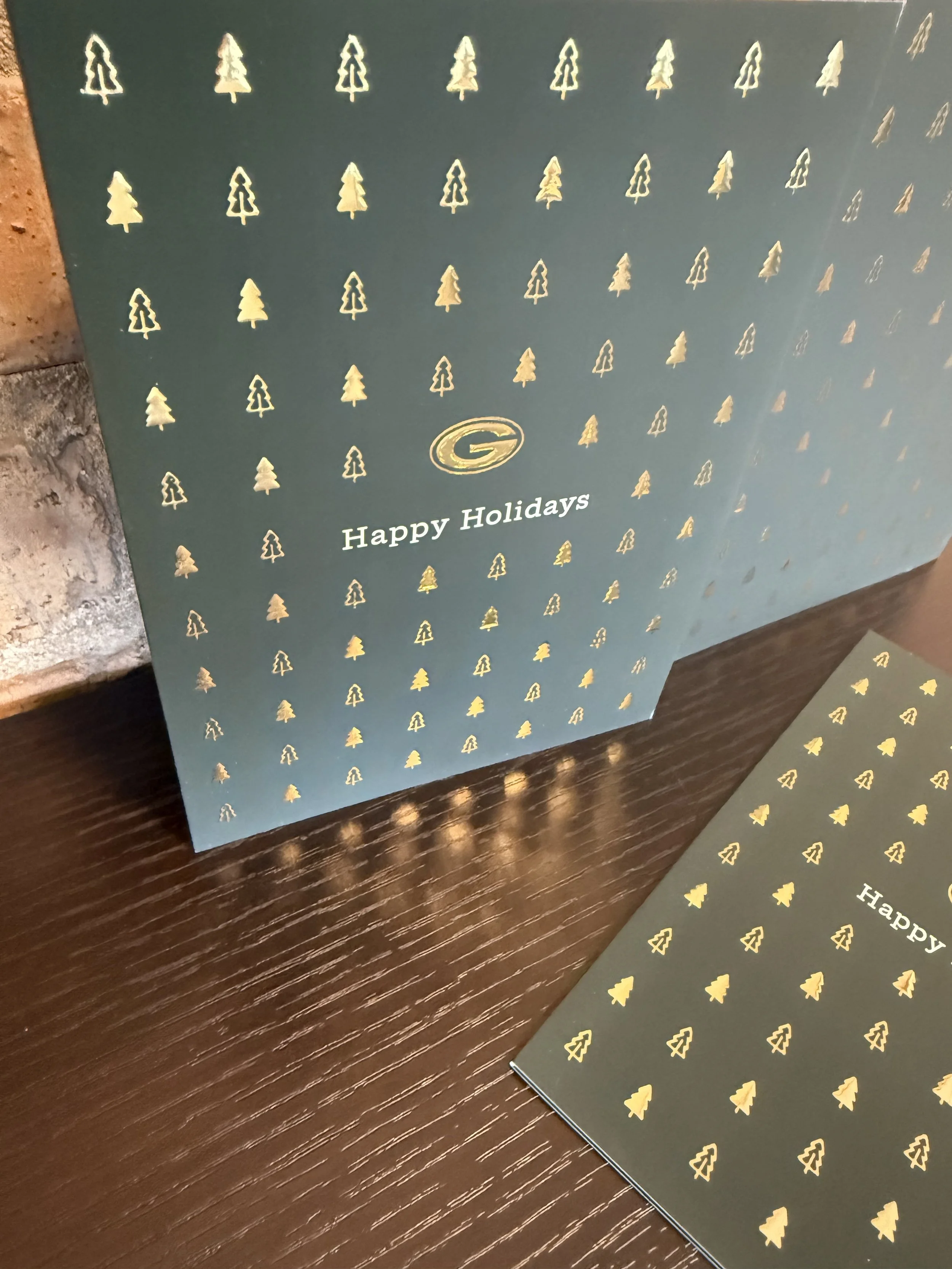 Custom Happy Holidays Card for the Green Bay Packers finished with Raised ink and Gold Metallic Foil Printing