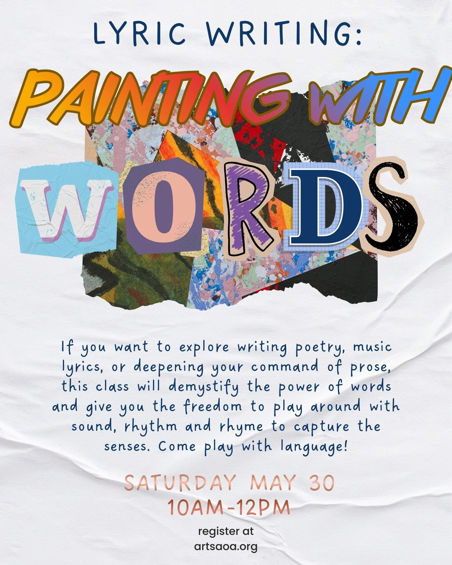 Start off your Saturday by getting inspired during the Lyric Writing: Painting with Words Workshop, happening tomorrow with Rebecca Mlinek!

📍10 AM-12 PM in the Madrin Studio

Reserve your seat for just $10 at: https://www.artsaoa.org/soa-adult-clas