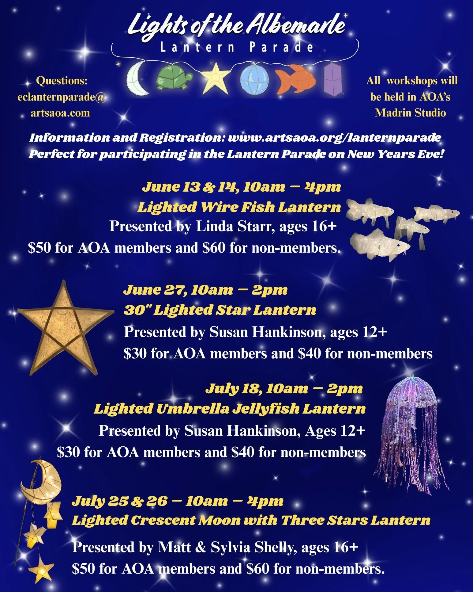 Lanterns galore! Join us for these four lantern-making workshops, happening this summer!

Details and registration at:
https://www.artsaoa.org/lanternparade

🖌Lighted Wire Fish Lantern - June 13 &amp; 14, 10am &ndash; 4pm
🖌30" Lighted Star Lan