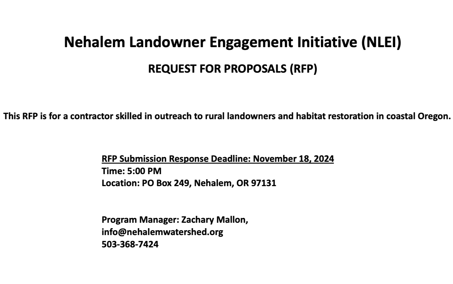 Nehalem Landowner Engagement Initiative (NLEI) Request For Proposals (RFP)