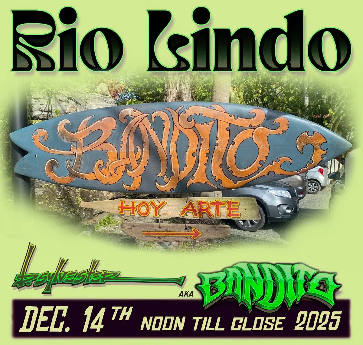 Sunday Funday at Rio Lindo, today is the day to display!!! Come on down for a good ole time Domi style...

#bandito #banditocr #bsylvester #bsylvesterart #sylvesterart #originalpaintings #localart #fineart #handmadeframes #driftwood #surfart #gyps