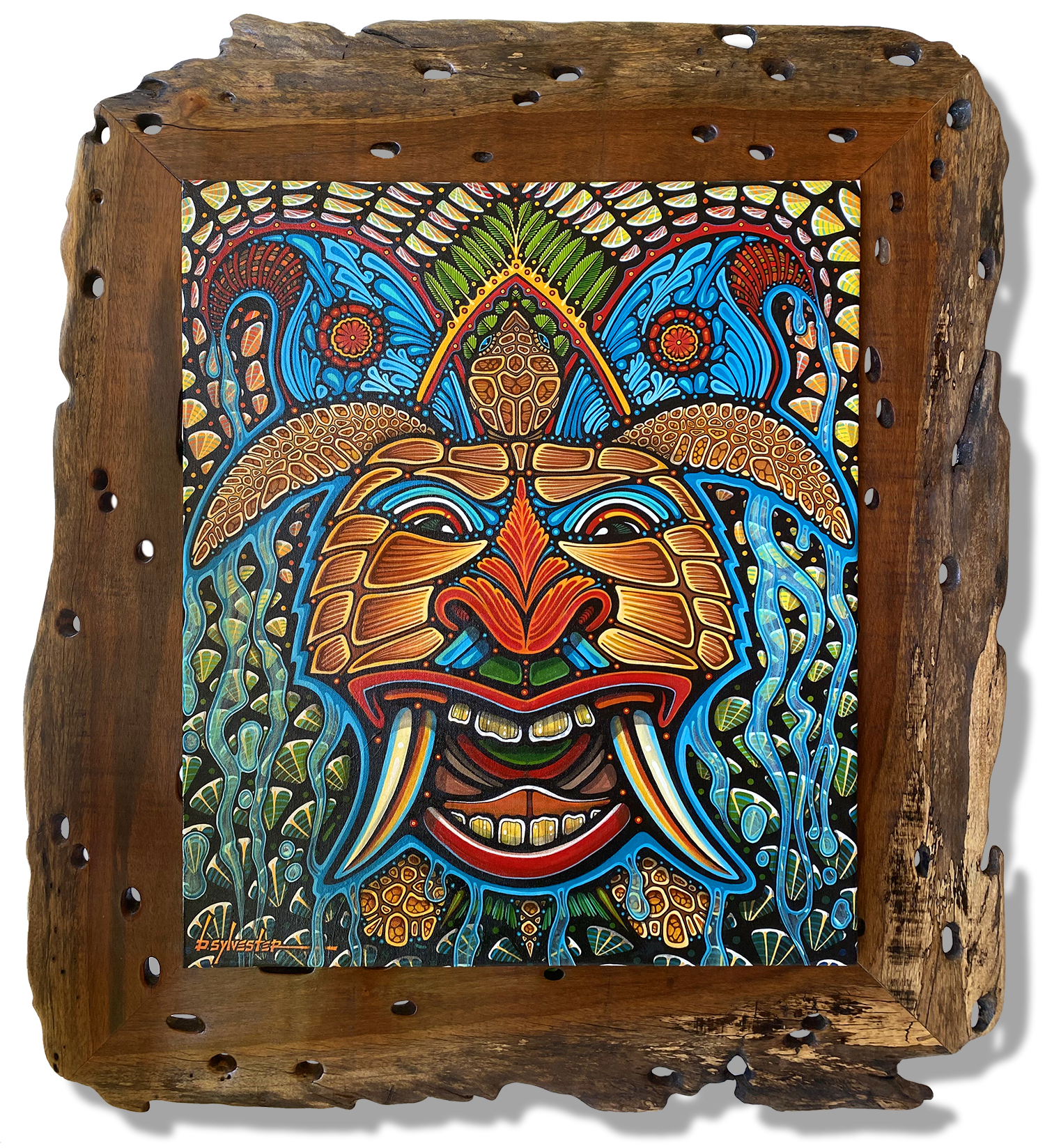 Colorful painting of a smiling, stylized face with vibrant patterns, surrounded by a rustic wooden frame.