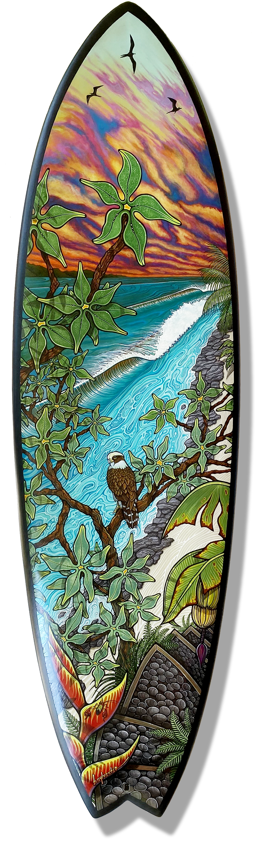 Surfboard art with waves and Laughing Falcom