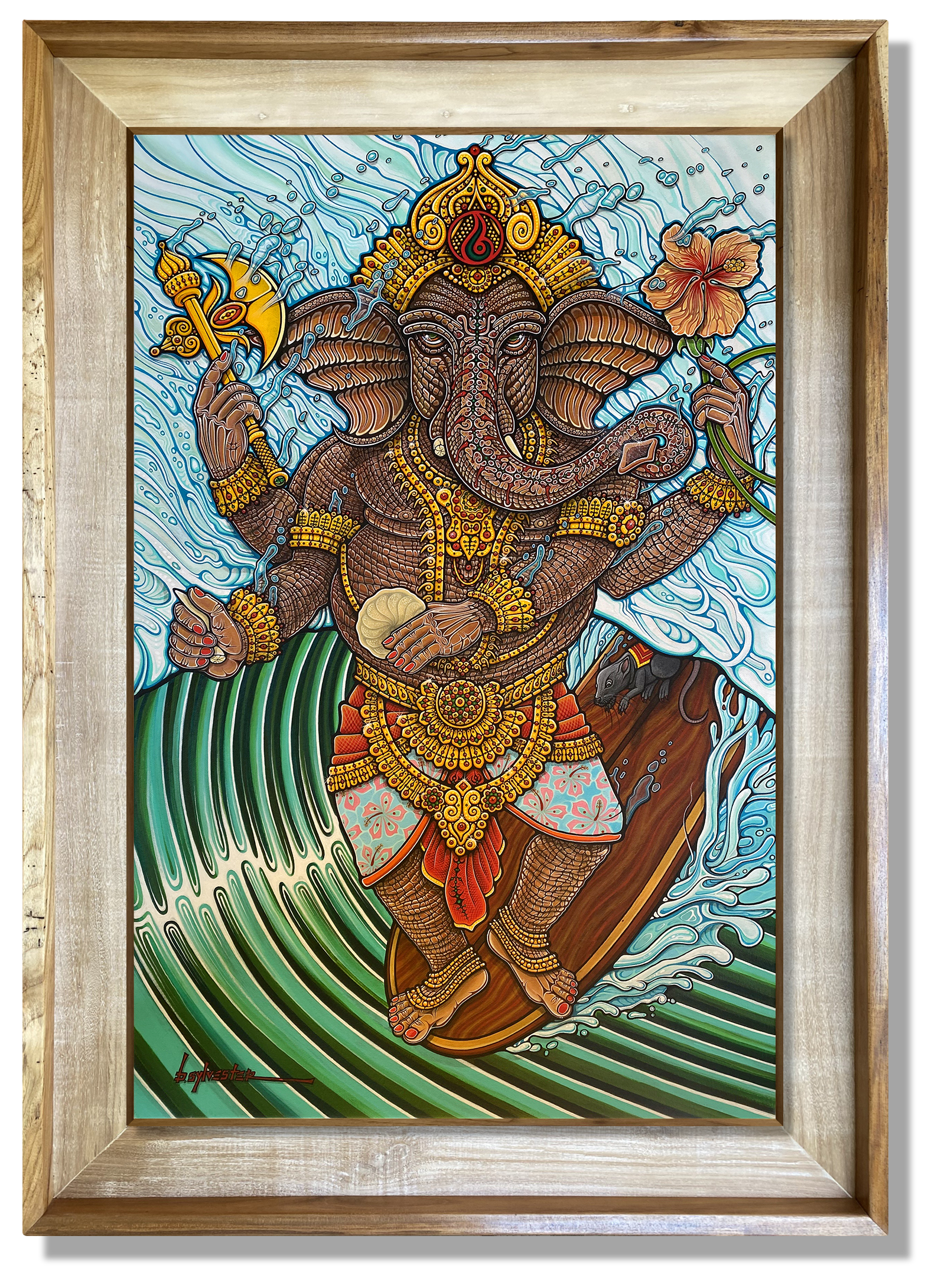 Colorful painting of Ganesha, the Hindu elephant-headed god, surfing on a wave while holding a lotus flower and a weapon, adorned with jewelry and traditional attire.