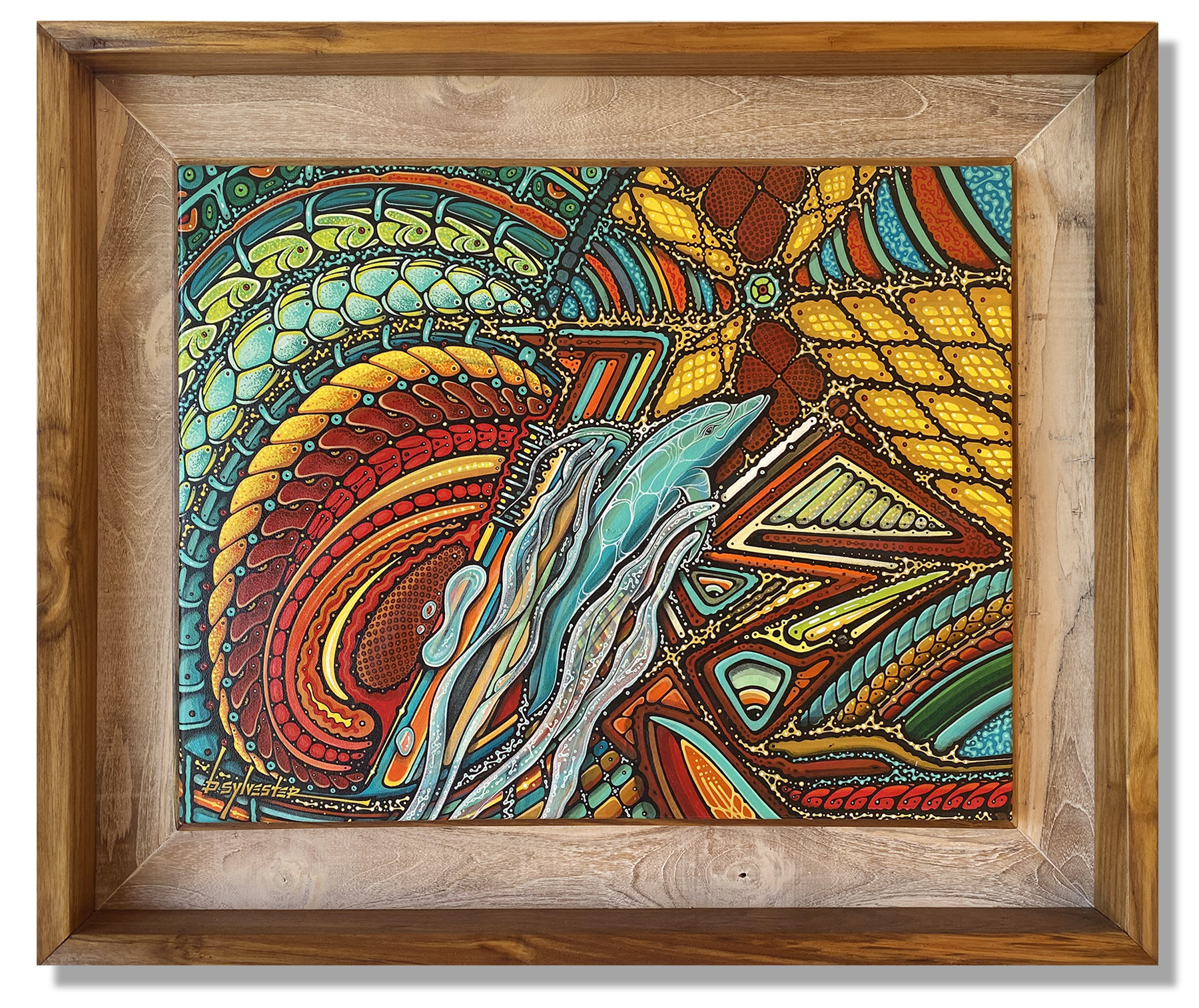 Colorful abstract tribal-inspired painting with swirling patterns, dots, and geometric shapes, framed in wood.