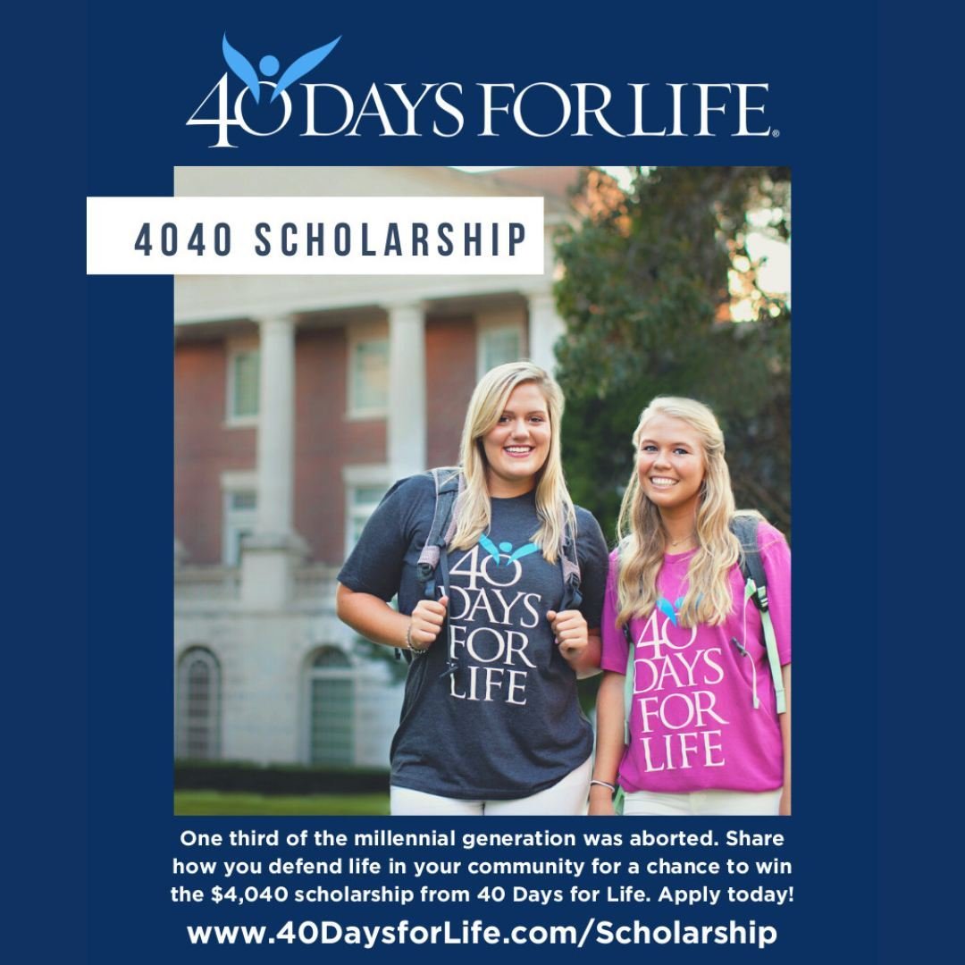 Share how you defend life in your community, and receive the $4,040 scholarship from 40 Days for Life.⁠
⁠
Full-time graduate or undergraduate students who are involved in the pro-life movement are eligible to receive the scholarship.⁠
⁠
Link in bio⁠
