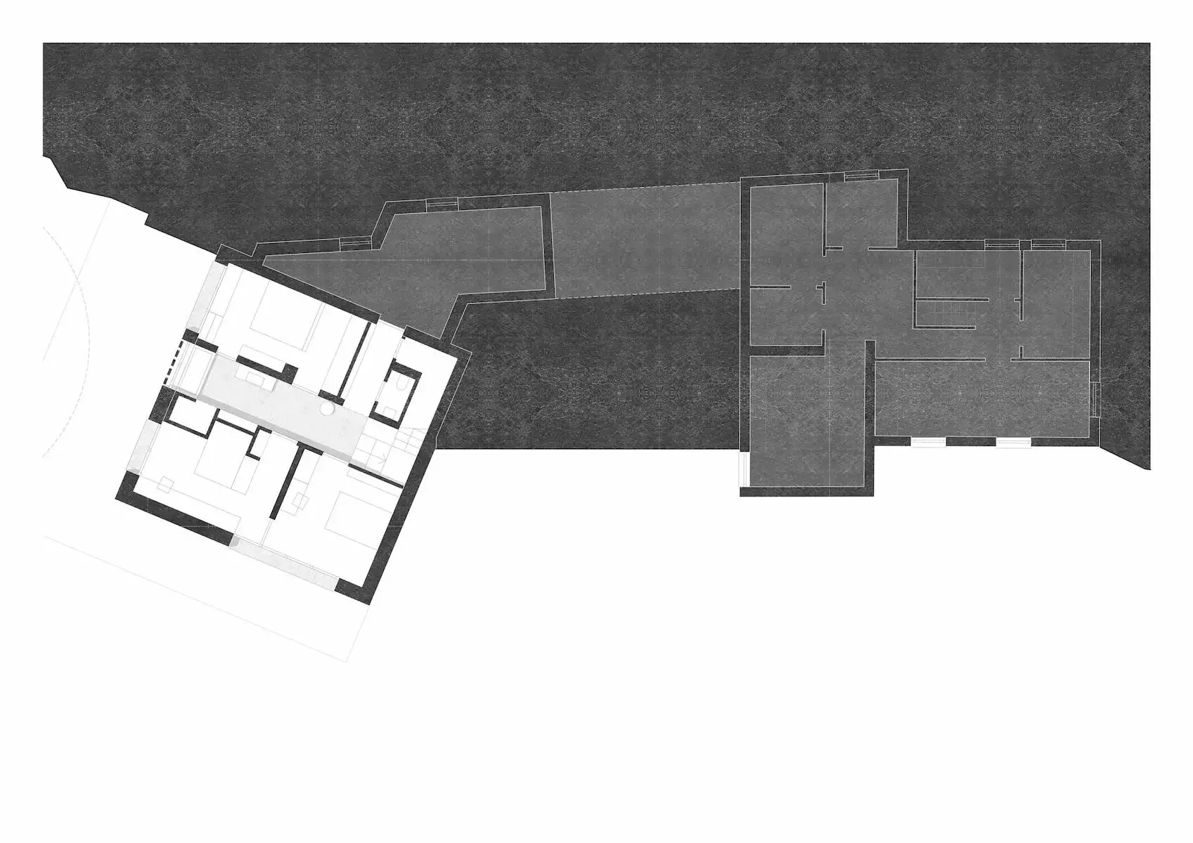Grundriss-Schwarzplan: Gebäudefigur im Gelände, Bestand und Neubau