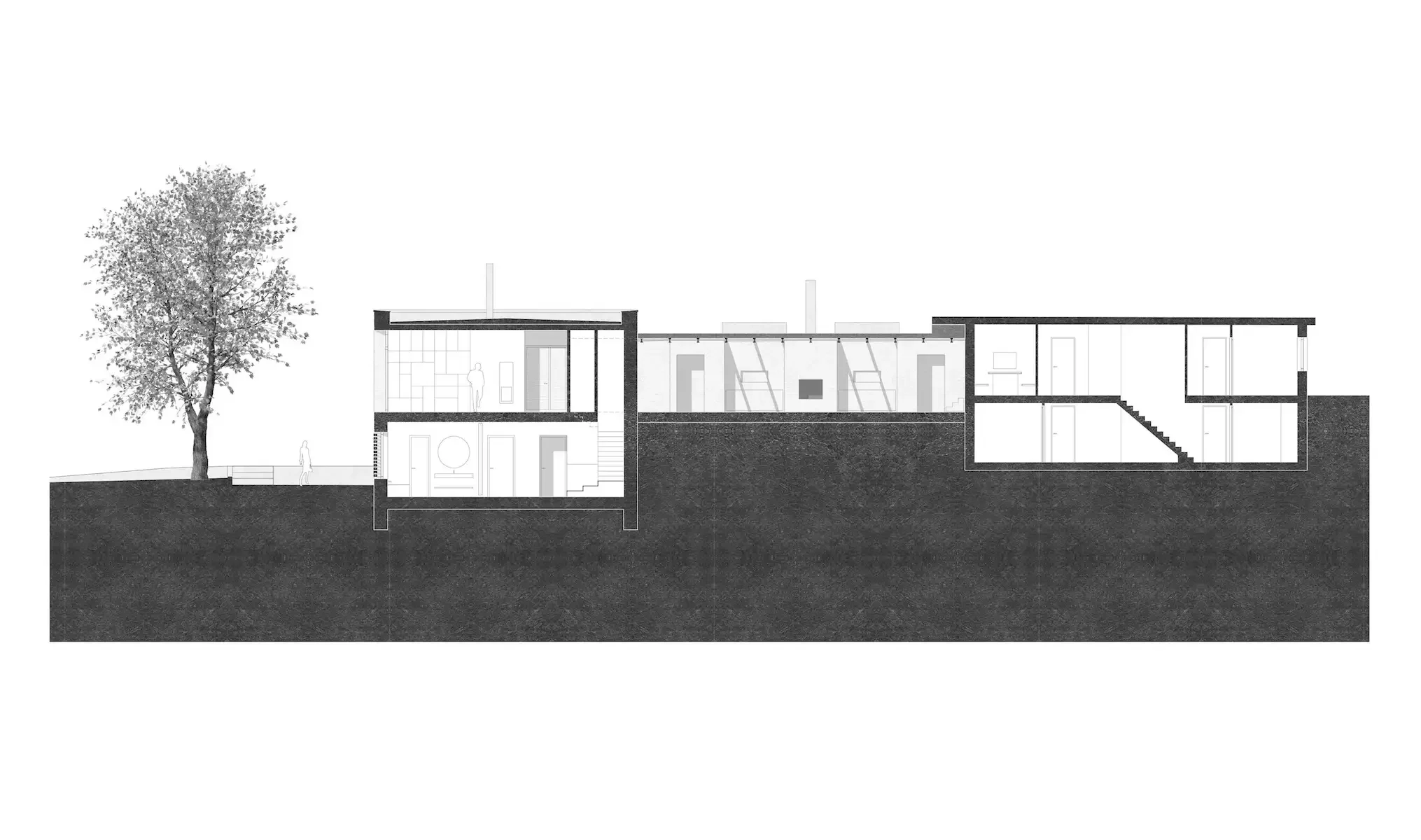 Längsschnitt durch das Ensemble: Bestand, Zwischenbau und Erweiterungsbau im Hang
